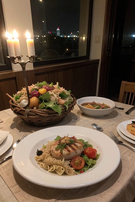 Foto noturna uma mesa de restaurante noturno. A imagem mostra uma mesa de buffet com uma variedade de alimentos. Food is arranged in bowls on the table and there are candles lit.. Detalhes da comida: No centro da mesa, there is a big bowl of green salad with tomatoes, pepino, cebola e outros vegetais. To the right of the salad, there is a bowl of pasta with tomato sauce. To the left of the salad, there is a bowl of roast chicken with vegetables. There are also several other smaller bowls with other types of food., like grilled salmon, batata frita, white rice and black beans. No canto inferior direito da imagem, there is a basket of bread. Detalhes da mesa: The table is made of dark wood and covered with a white tablecloth.. There are cutlery and dishes for guests. There are also cloth napkins. Candles are burning in silver candlesticks. A mesa de frente para janela,Outside the window there is an incredible visit.from outside the jabela there is a beautiful view of the night city at night.