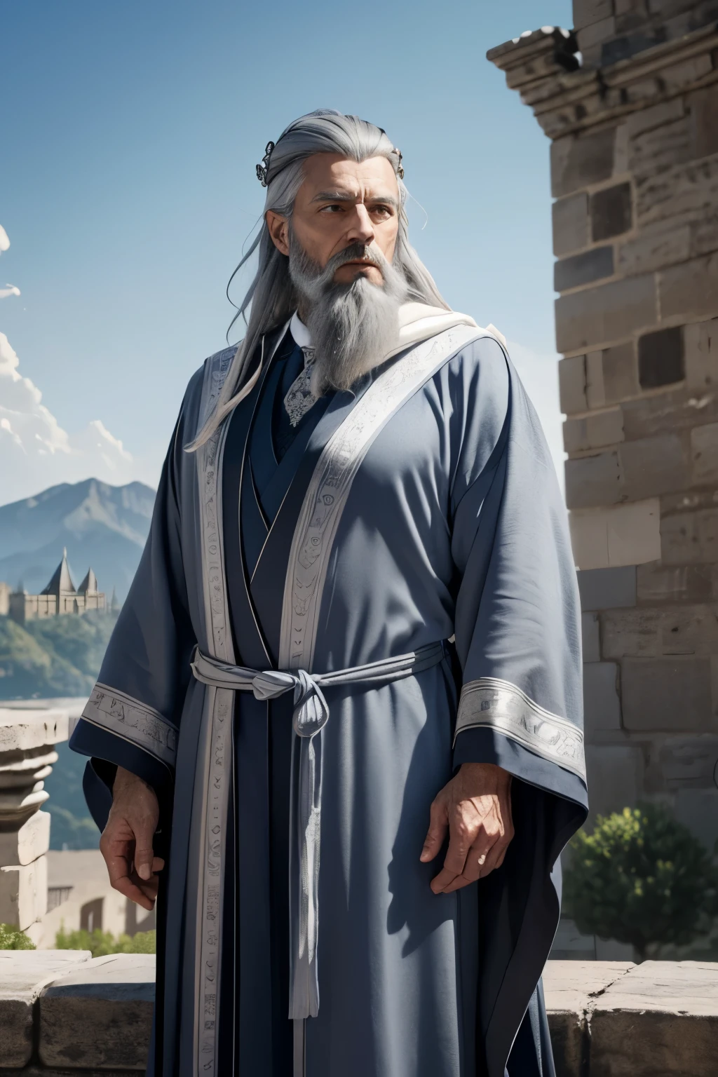Merovingian king, old man, long gray hair, gray trimmed beard, wearing crown on his head, blue gray royal robe, hummingbird symbol on robe, castle in the background