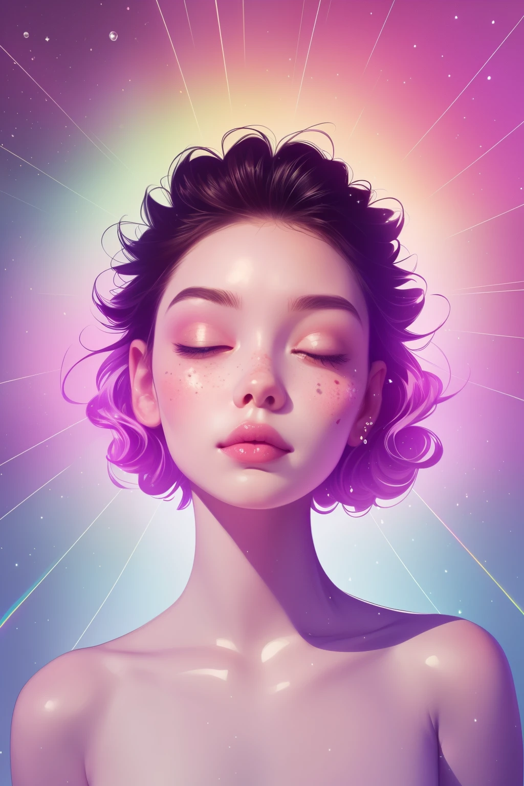 (This is a beautiful rainbow fantasy image that feels interesting and emphasizes glitter and iridescence.) Generate a ((blind)) curvy woman with colorful curly hair and milky white eyes. Her face is important and is perfectly formed with puffy lips and perfect features. (Her eyes are critically important and are (blank) and (solid white)). The image exudes ethereal beauty and soft fantasy. Include sweet and detailed birds and soft, luminous flowers in all the colors of the rainbow. The image's background is decorated in shades of pink, shimmer, glitter, and fantasy details like colored bubbles and cosmos. Utilize dynamic composition to create a compelling and action-packed image. Dramatic lighting and cinematic lighting enhance the woman's beauty and the soft colors in the artwork. (((((Perspective: head on.))))) Include fantasy, cute, colorful, colourful, interesting magic background, ((((blank eyes)))), ((((empty white eyes)))), (shirome eyes:1.3), (smirking), (perfectly rendered solid whiteeyes), ((birthmark on lip)), ((pretty lips)), beautiful background, complex background, sweet background, (((rainbow)))