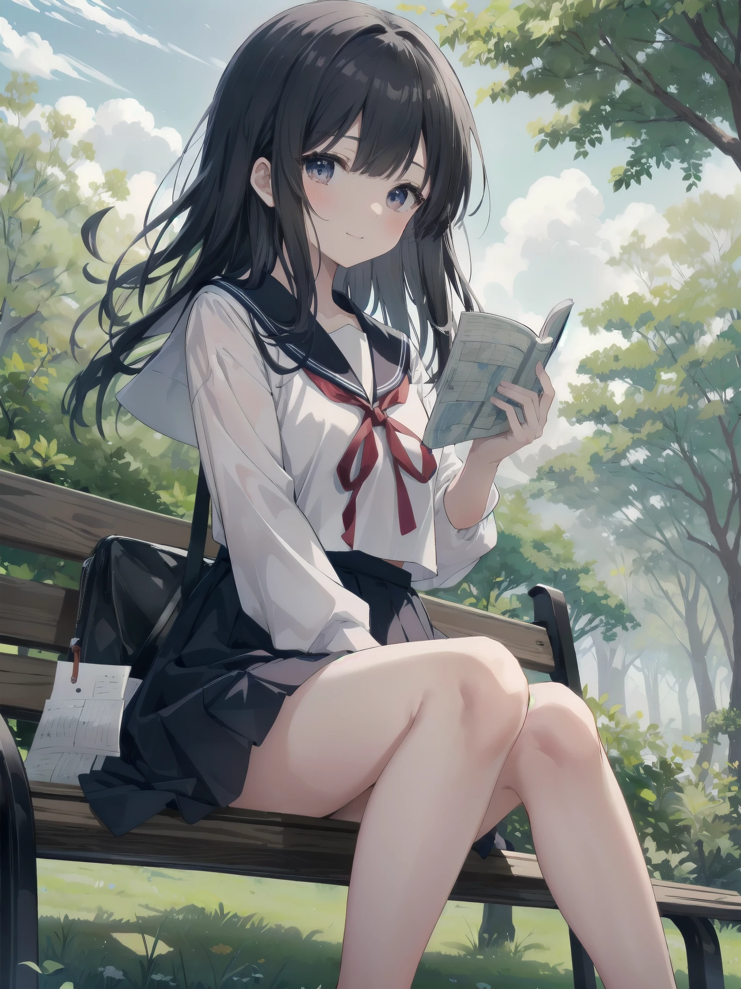 Subtitle: {{Park}} {{Sailor Suit}} {{Sitting on a bench looking at a map}}

In a lush green park, a beautiful girl, Saori, is sitting on a bench with the sun shining through the trees, wearing a sailor suit.Her clear eyes are sunken in deep contemplation, and in her hand is an old map and a notebook filled with scribbles. Her long, glossy black hair danced in the wind, her light red ribbons twirling in the wind. Saori, have you found any clues yet?" Yosuke, a childhood friend sitting next to her, asked anxiously, "Saori, have you found any clues yet? Saori smiled, closed her notebook, and said, "Yes, I'm almost done. But we may need to take extrajudicial measures in the future. I reply. There was a sparkle in her eyes, as if she was enjoying the challenge.