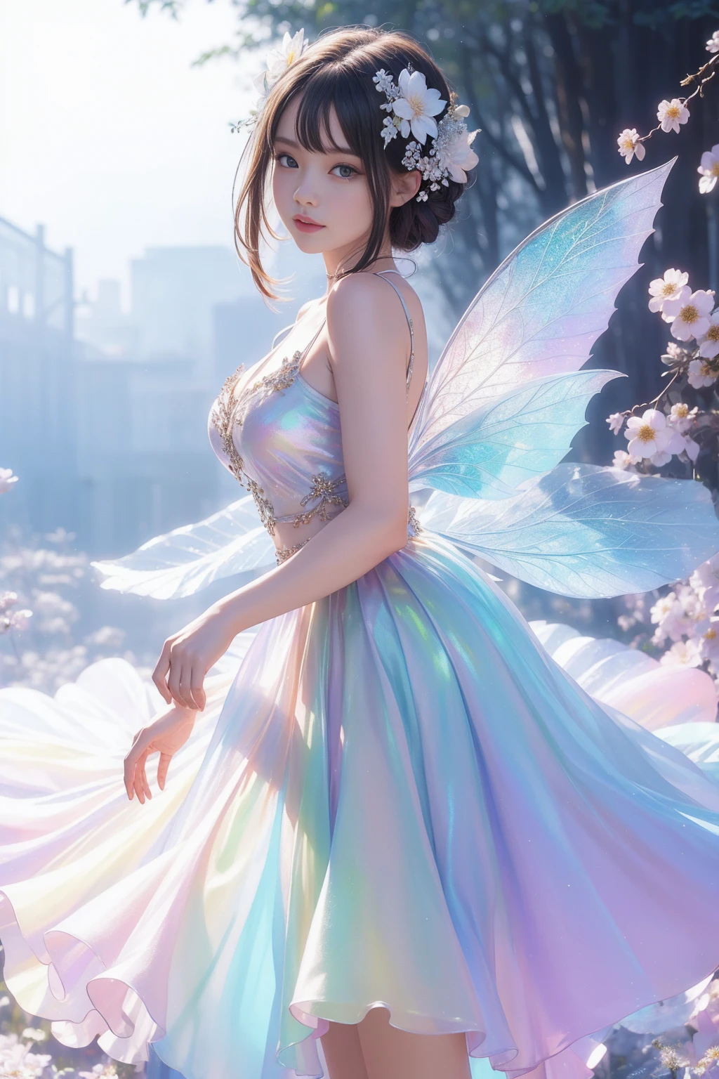 (((girl))，Long skirt，Iridescent colors，(Flower Fairy)，(Rich colors)，spring，Arthur effect, Transparent body, Gradient translucent glass melt, Caustics, Clear glass texture, Iridescent colors, design：Dietrams, Simple, Shining in every detail, White background, 工業design, Studio Lighting, c4d, OC Renderer, Beautiful shadows, 4K