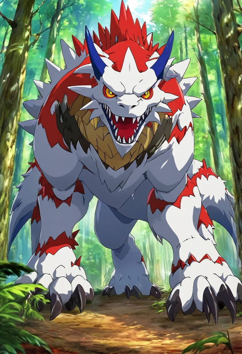 masterpiece, best quality, SFW, (safe for work),Gabumon, solo, claws, creature, full body, red eyes, sharp teeth, solo, standing, digimon \(creature\), looking at viewer, forest background