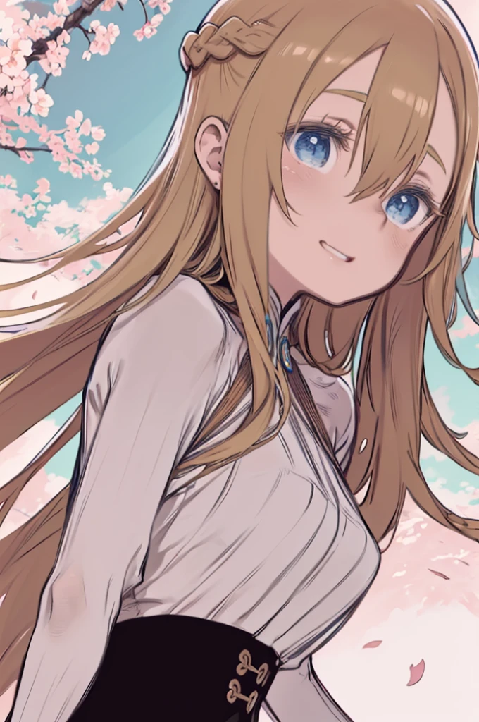 masterpiece、highest quality、High resolution、Very detailed、((((Flat Color))))、Emphasized contourature Woman、(mint, blue eyes, braid、Long blonde、Hair between the eyes)、Big Breasts、spring、Cherry-blossom viewing、cherry blossoms、Angle from below、laughing、Looking up、Hair blowing in the wind、Petals flutter、