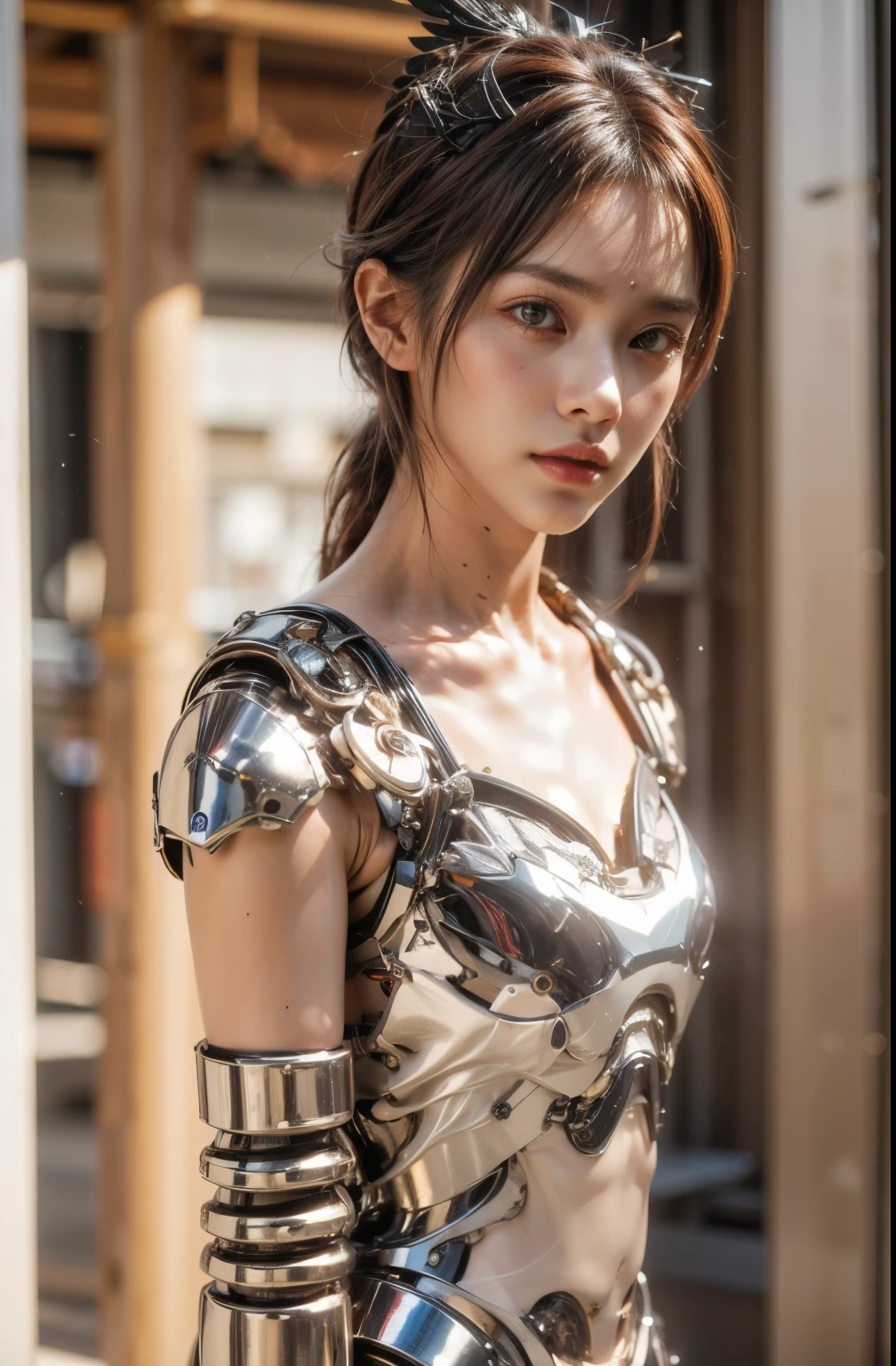 (top-quality:1.2, masterpiece)、ultra high resolution、extremely ultra surrealism, (Photorealsitic:1.4)、Raw photo、(Steampunk Battle Cyborg fallen angel)、(large mechanical bat wings)、black porcelain body、red hair、glowy skin、1 Cyborg girl、(mechanical frame:1.3)japanese, extremely cute face, ((super realistic details))、portrait、globalillumination、Shadow、octan render、8K、ultrasharp、character edge light、Details of complex ornaments、Acrylic Clear Cover、Sumerian details、Hydraulic cylinder、Small LED lamp、highly intricate detail、Realistic light、a purple eye、radiant eyes、Facing the camera、neon details、cowboy shot、Futuristic headgear、About Cyberpunk