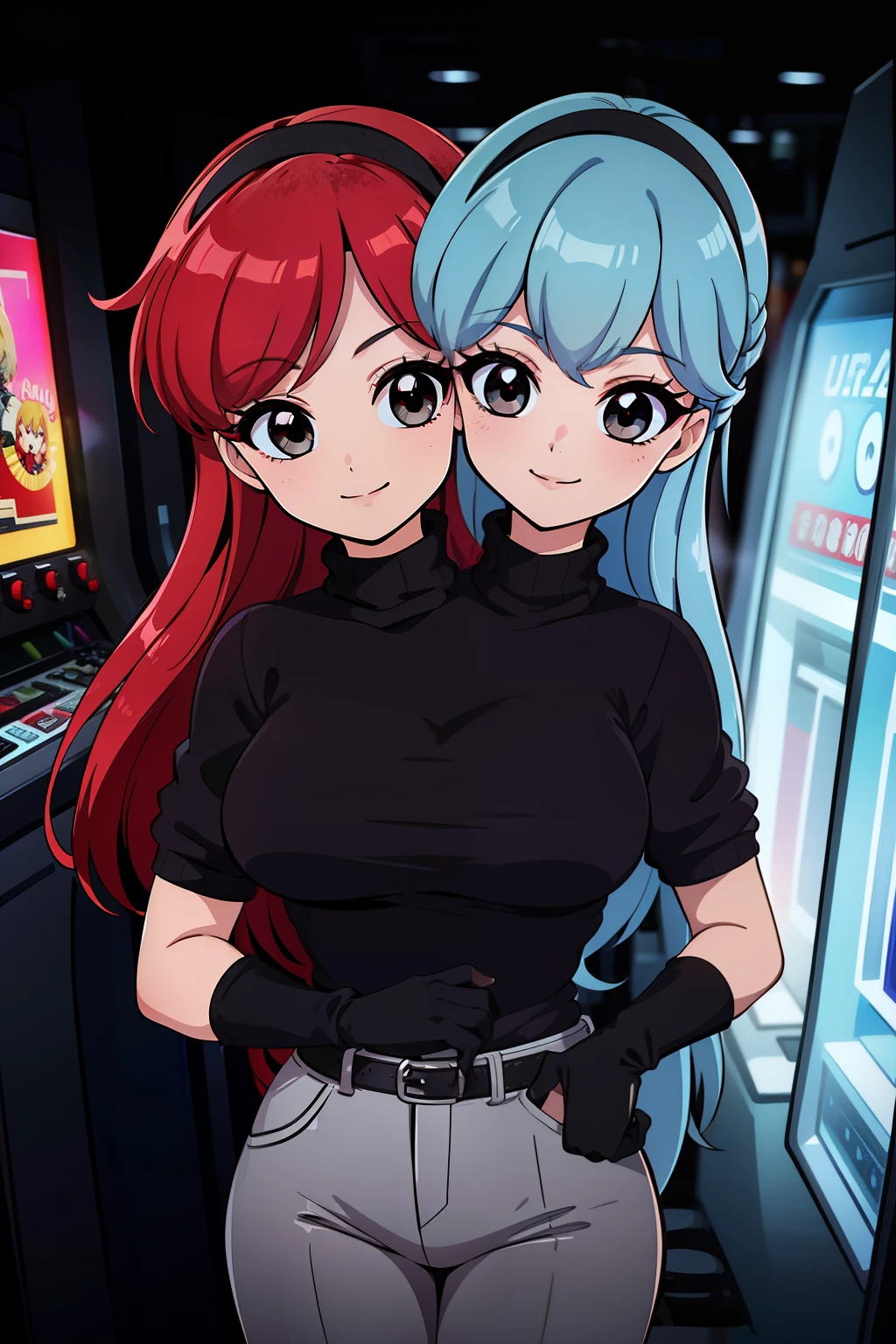 best quality, (masterpiece),(ultra-detailed), (high quality), (high resolution), ((2heads:1.5)), best quality:1.5, highres, UHD, 16K), smiling, highres, masterpiece, ((light blue hair)), ((red hair)), ((different hair colors)), gamer girl, long hair, hair band, black eyes, ((black turtleneck shirt)), grey pants, arcade room, (black gloves), cowboy shot