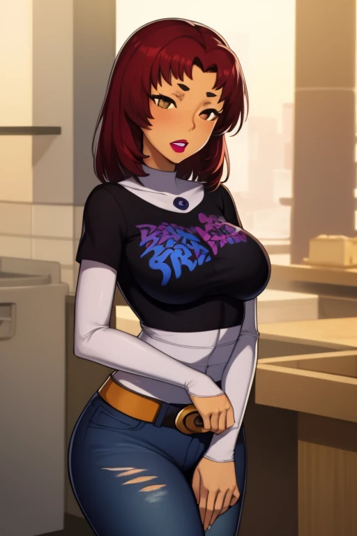 (masterpiece, best quality:1.2), starfire, red hair, 1girl, solo, breasts, dark skin, black t-shirt, white shirt, blue jeans, belt, lipstick, large breasts, layered sleeves