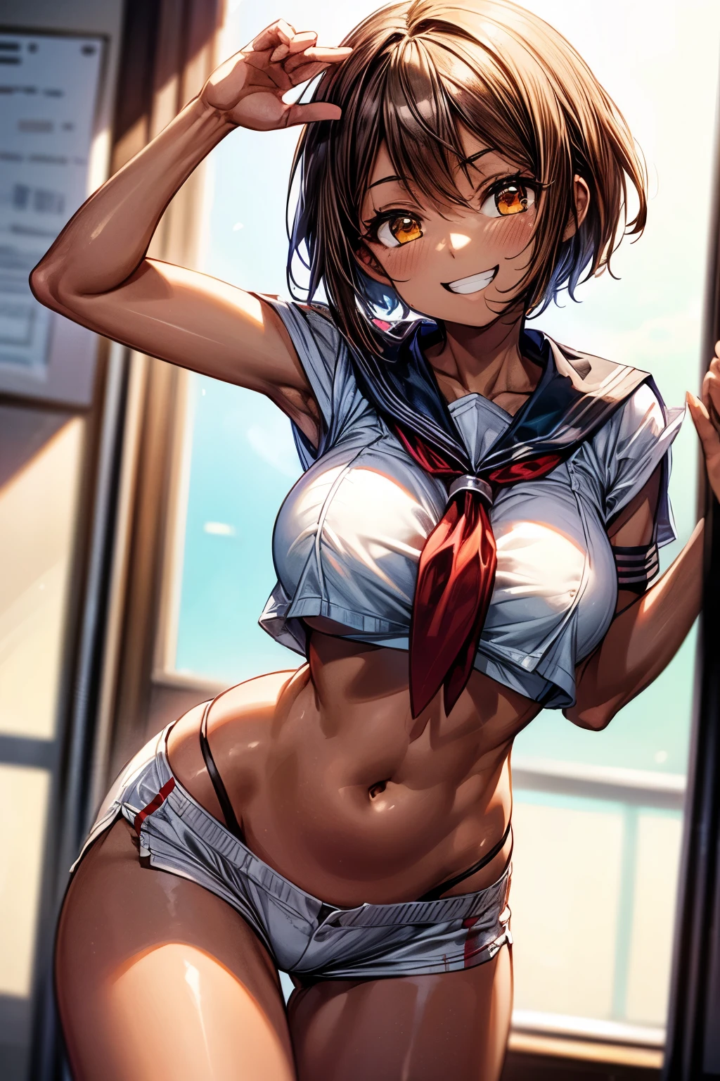 in daytime classroom, 1girl, solo, very short hair, grin, teeth, (brown skin:1.4), white sailor uniform tops, red tie, large breasts, navel, blue sports shorts, thigh,