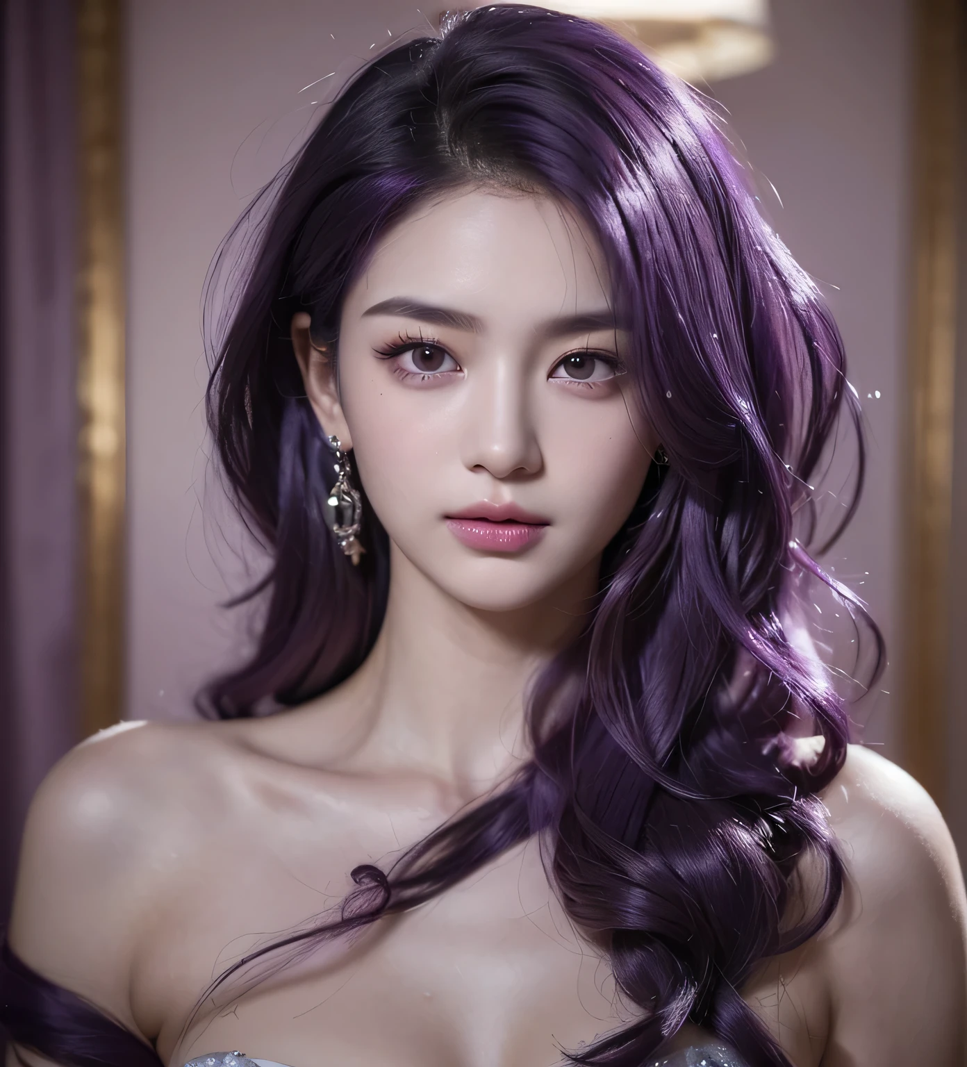 (Quality(Masterpiece, Photo realistic, Hyper realistic, super detail, best lighting)) (Face Features(Natural beauty, no make up, purple hair, black eyes color, slim pretty face, no wrinkle))(Expression(cold)) Detailed face, Extremely Realistic,1 girl ,Young beauty spirit ,Best face ever in the world