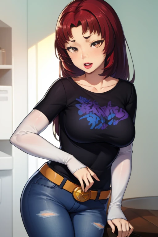 (masterpiece, best quality:1.2), starfire, red hair, 1girl, solo, breasts, dark skin, black t-shirt, white shirt, blue jeans, belt, lipstick, large breasts, layered sleeves