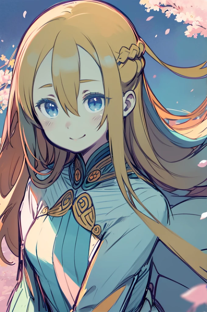 masterpiece、highest quality、High resolution、Very detailed、((((Flat Color))))、Medium wide shot、Beautiful eyes、Emphasized contourature Woman、(mint, blue eyes, braid、Long blonde、Hair between the eyes)、Green costume、Big Breasts、spring、Cherry-blossom viewing、cherry blossoms、Angle from below、Smiling、Looking up、Hair blowing in the wind、Petals flutter、