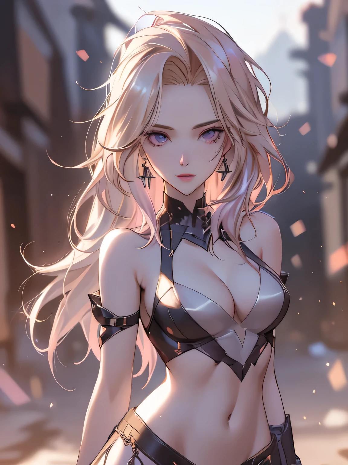 1 girl (Masterpiece, best quality, photorealistic, highres, photography:1.3), close-up portrait, sharp focus, 1 blonde haired girls, European fashion models, flawless skin, slim feminine appearance, flat abdomen, slender abs, , messy hair, detailed hair strands, delicate sexy facallure look, ((elegant girl, high society, detailed makeup, influencer, perfect skin)), outdoor fashion photoshoot, standing pose, ((realistic, ultra realistic, realism, realistic detail)), pink highlights