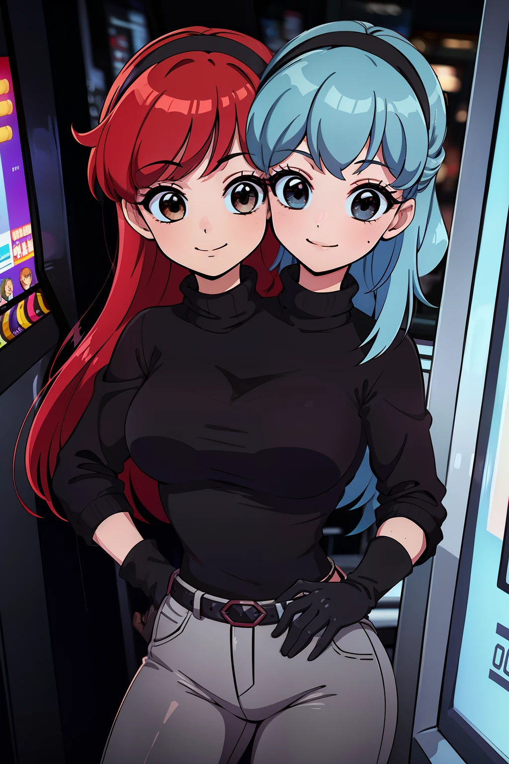 best quality, (masterpiece),(ultra-detailed), (high quality), (high resolution), ((2heads:1.5)), best quality:1.5, highres, UHD, 16K), smiling, highres, masterpiece, ((light blue hair)), ((red hair)), ((different hair colors)), gamer girl, long hair, hair band, black eyes, ((black turtleneck shirt)), grey pants, arcade room, (black gloves), cowboy shot