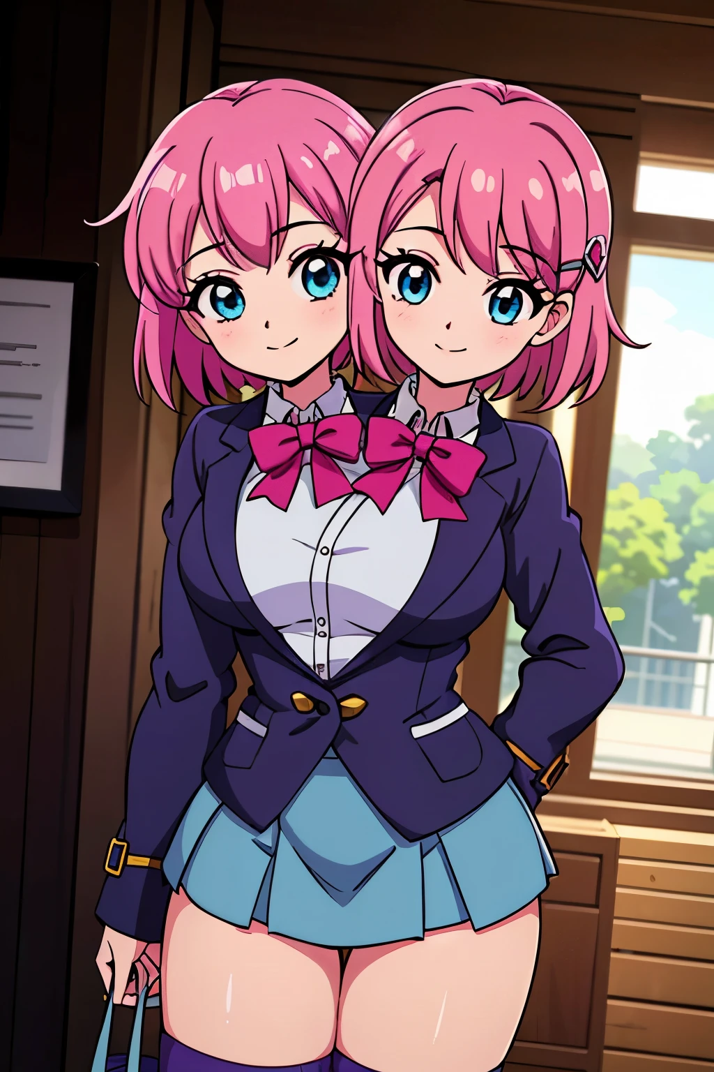 (masterpiece),(ultra-detailed), (high quality), (high resolution), (best quality:1.5, highres, UHD), highres, absurdo, ultra detail, ultra quality, Ultra resolution, 16k, ((2heads:1.5)), 1girl, ((anime girl with two heads)), ((magenta hair)) white blouse with purple jacket and a blue green mini skirt with pleats,, suede shoes, gentle smile, cowboy shot, light blue eyes, hair clips