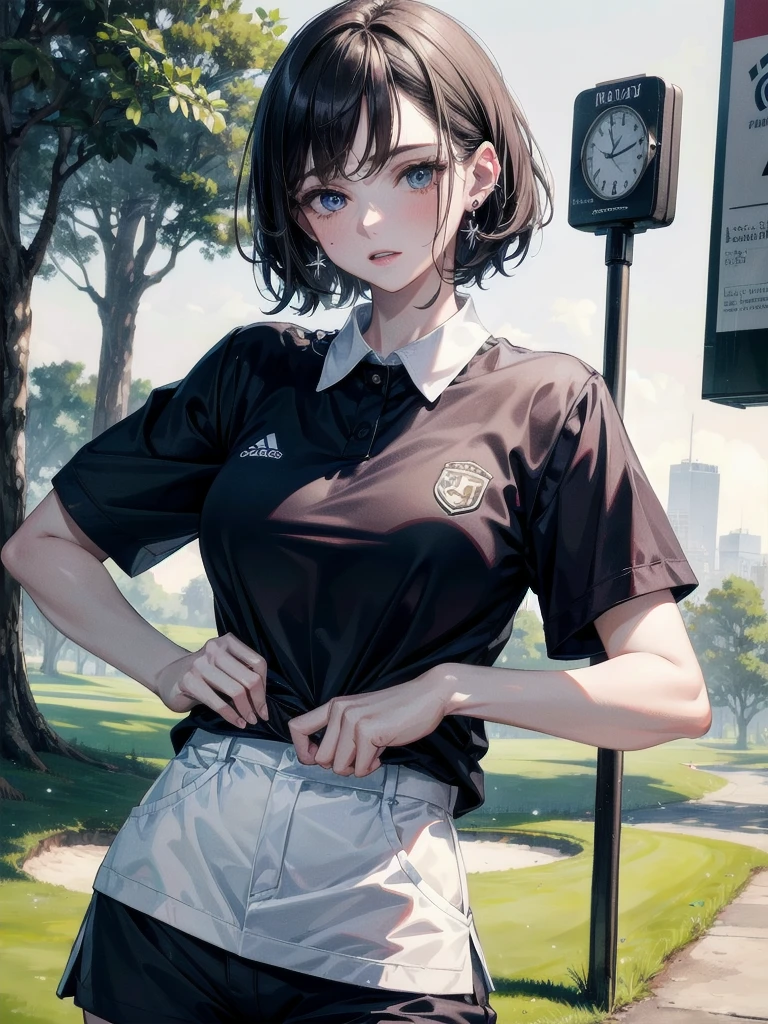 golf uniform, shorts, absurdres, RAW photo, extremely delicate and beautiful, masterpiece, Best Quality, ultra high resolution, 32k, hyperrealistic, ultra-detailed, detailed description, pale skin, 20 years old, tearful mole, earring, big tits, short medium hair, wavy hair, whole body shot,
