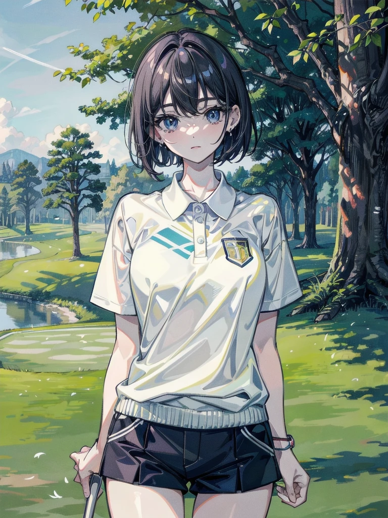 golf uniform, shorts, absurdres, RAW photo, extremely delicate and beautiful, masterpiece, Best Quality, ultra high resolution, 32k, hyperrealistic, ultra-detailed, detailed description, pale skin, 20 years old, tearful mole, earring, big tits, short medium hair, wavy hair, whole body shot,