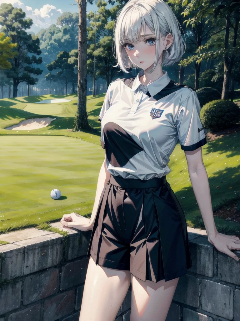 golf uniform, shorts, absurdres, RAW photo, extremely delicate and beautiful, masterpiece, Best Quality, ultra high resolution, 32k, hyperrealistic, ultra-detailed, detailed description, pale skin, 20 years old, tearful mole, earring, big tits, short medium hair, wavy hair, whole body shot,