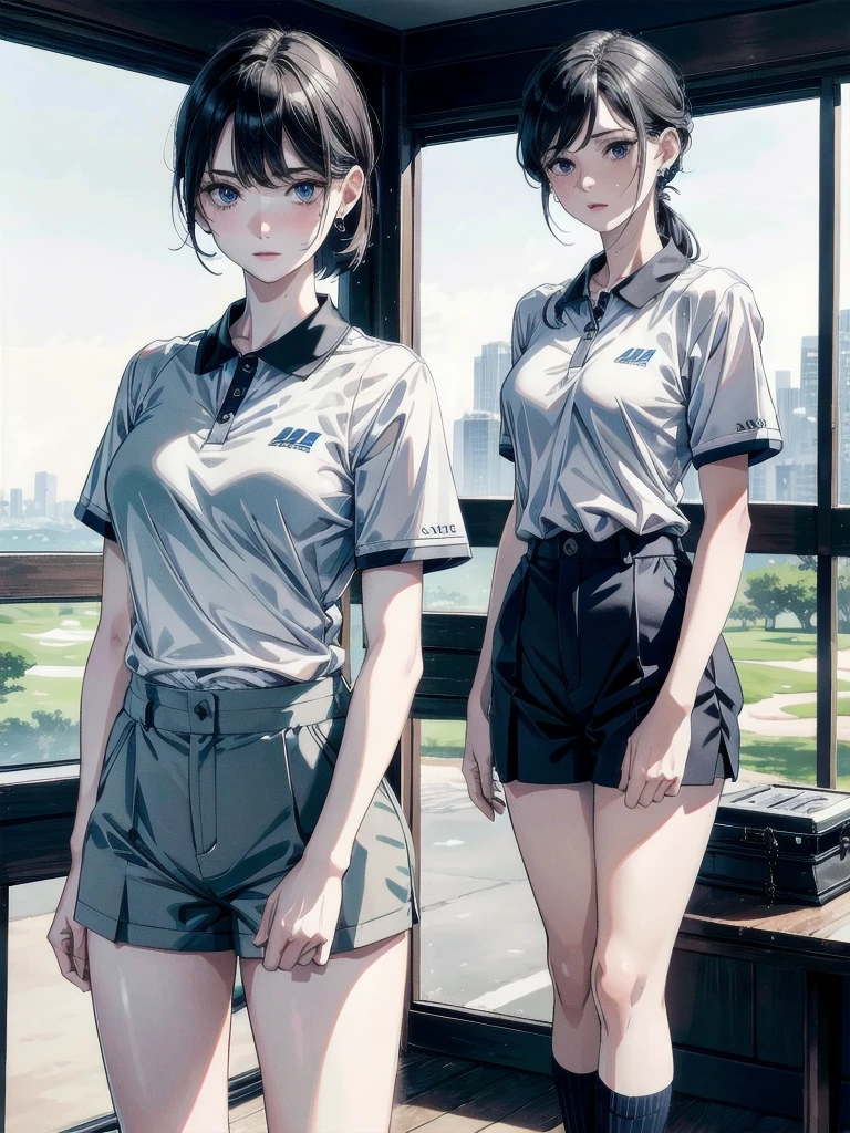 golf uniform, shorts, absurdres, RAW photo, extremely delicate and beautiful, masterpiece, Best Quality, ultra high resolution, 32k, hyperrealistic, ultra-detailed, detailed description, pale skin, 20 years old, tearful mole, earring, big tits, short medium hair, wavy hair, whole body shot,