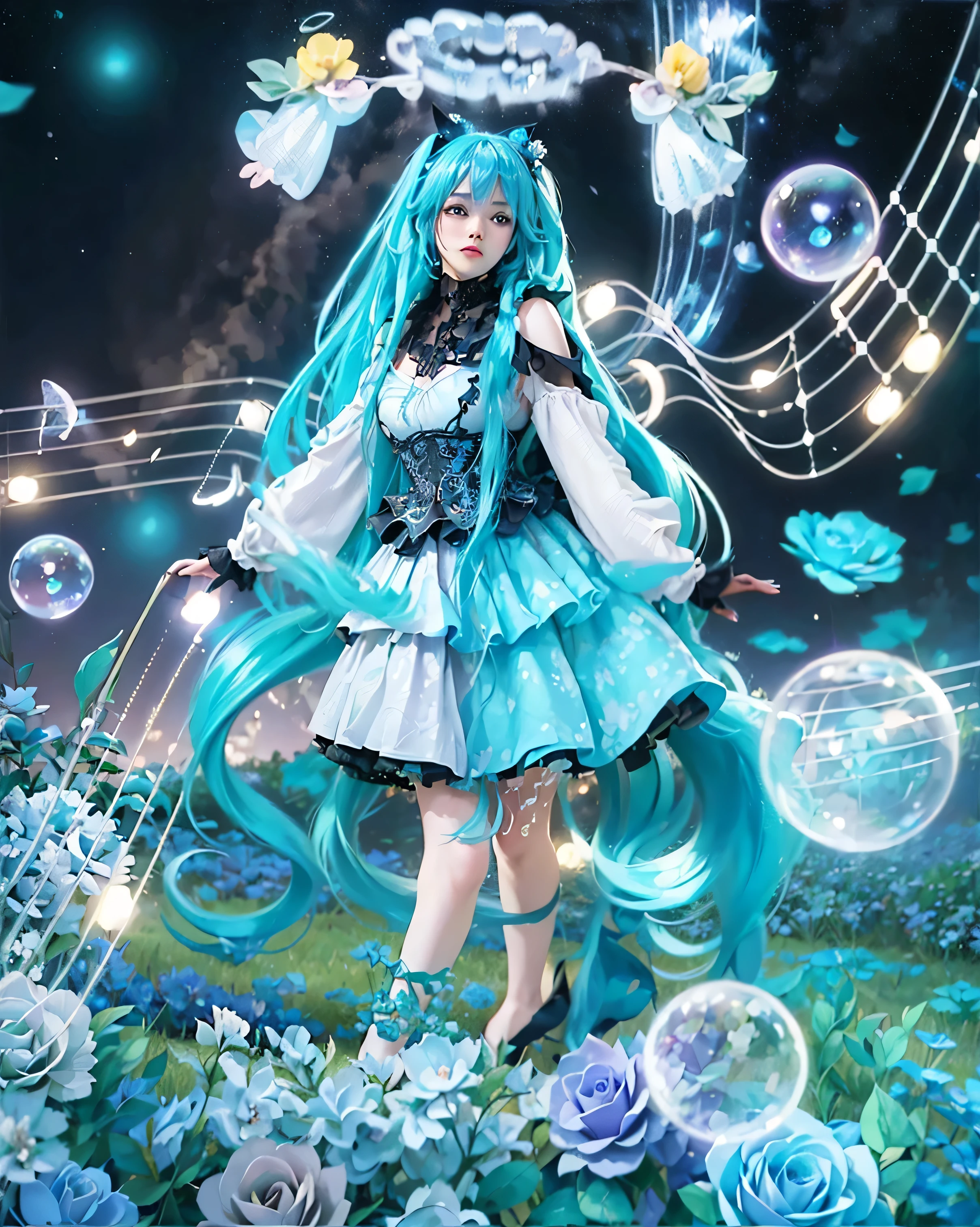 ( HATSUNE MIKU_ROSE CAGE),((realistic, photorealistic)),, Light reflection, (( HD )),((upper body)), (((best quality, masterpiece))), (masterpiece) (best quality) (detail) (8k) (HDR) (wallpaper) (cinematic lighting) (sharp focuasterpiece, best quality: 1.1), Real life adaption of this character, Shining Purple eyes, realistic outfit, realistic shadow, realistic light, realistic hair,realism, hyper realistic, realistic background,(photorealistic:1.2), 1girl, background fairytale mountain landscape, Forest Sunset,  open space background, Planet, Stars, hyper-detailing , Mysticism, back light, fantasy, black atmosphere, purple tones , hyper realistic, beutiful,  lumen, Professional photo, is beautiful, 3d, Realistic, k, hight resolution, higly detailed,masterpiece, best quality, very aesthetic, absurdres, intericate deteiled, 
(Illustrations of plants and flowers, no trees, only flowers), Spectacular scenery, spectacular views,
Lisianthus flower field in full bloom, Blue Rose,Bright blue Lisianthus, animation, flower field, gentle breeze,Flowers flying,
(Prairie, flat land), (Flowers all over: 1.3), wavy blue hair,Foreground blur blue roses,Hair shines, music floats,Filled with blue roses, two little angels floating, bubbles, blue roses flying,