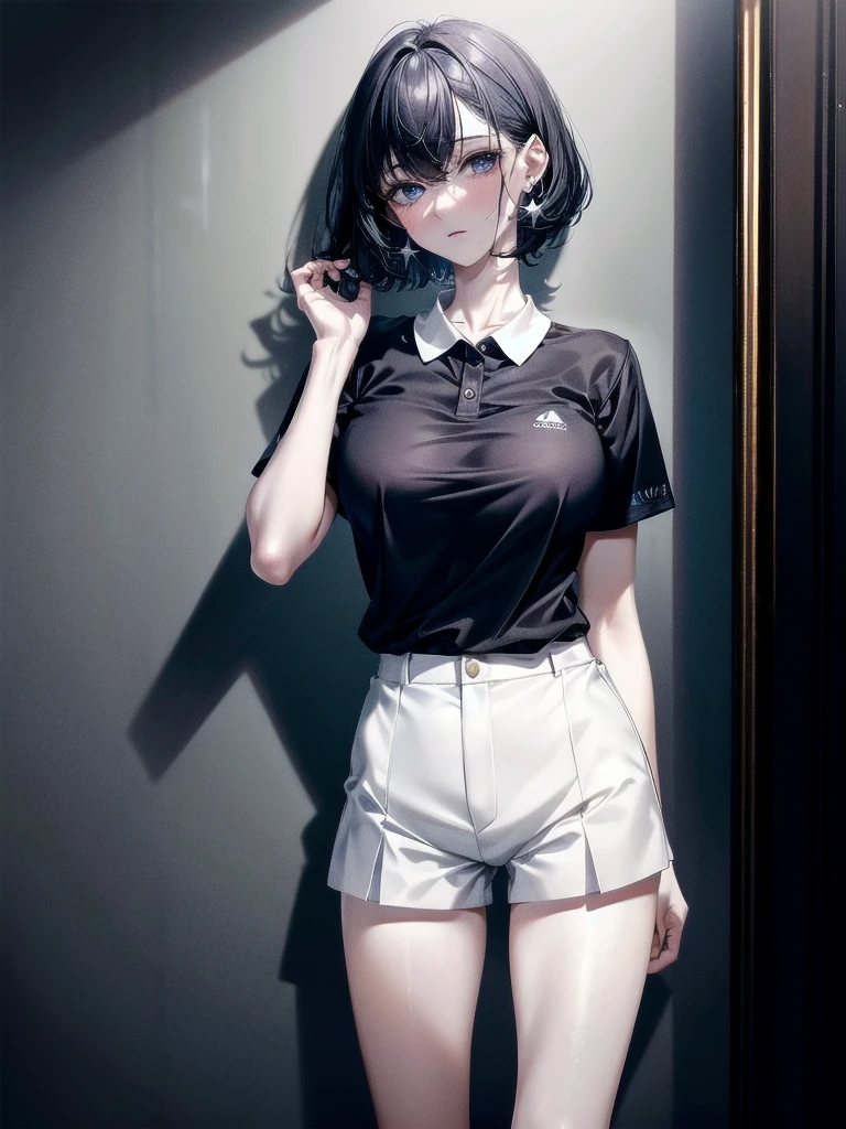 golf uniform, shorts, absurdres, RAW photo, extremely delicate and beautiful, masterpiece, Best Quality, ultra high resolution, 32k, hyperrealistic, ultra-detailed, detailed description, pale skin, 20 years old, tearful mole, earring, big tits, short medium hair, wavy hair, whole body shot,