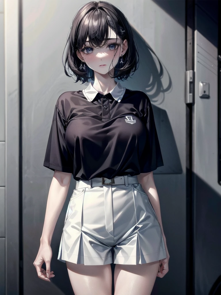 golf uniform, shorts, absurdres, RAW photo, extremely delicate and beautiful, masterpiece, Best Quality, ultra high resolution, 32k, hyperrealistic, ultra-detailed, detailed description, pale skin, 20 years old, tearful mole, earring, big tits, short medium hair, wavy hair, whole body shot,
