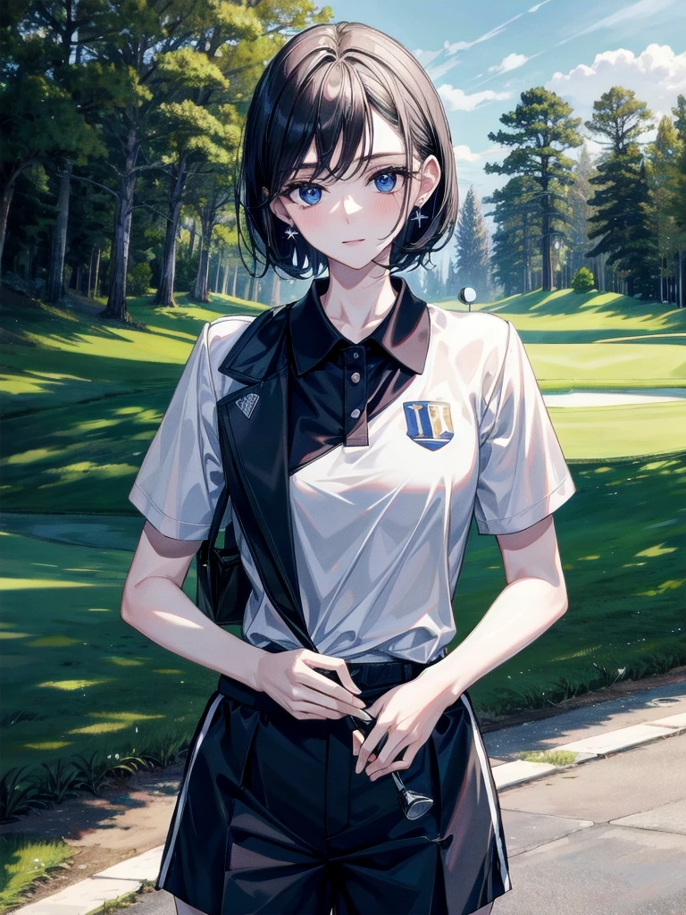 golf uniform, shorts, absurdres, RAW photo, extremely delicate and beautiful, masterpiece, Best Quality, ultra high resolution, 32k, hyperrealistic, ultra-detailed, detailed description, pale skin, 20 years old, tearful mole, earring, big tits, short medium hair, wavy hair, whole body shot,