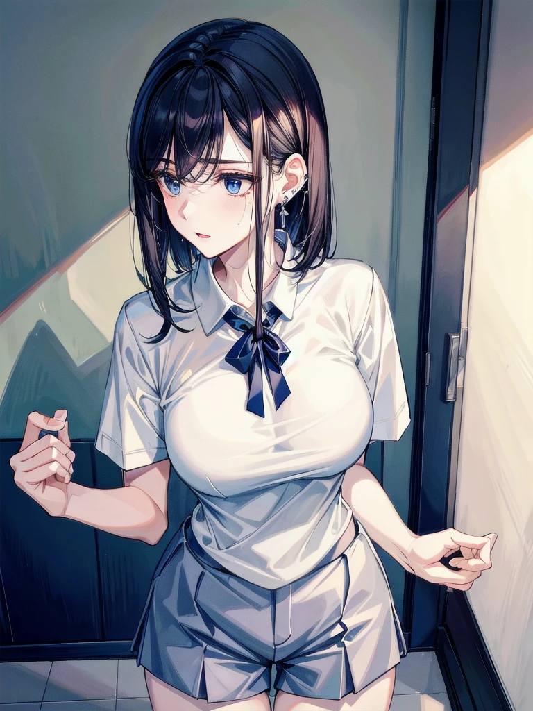 golf uniform, shorts, absurdres, RAW photo, extremely delicate and beautiful, masterpiece, Best Quality, ultra high resolution, 32k, hyperrealistic, ultra-detailed, detailed description, pale skin, 20 years old, tearful mole, earring, big tits, short medium hair, wavy hair, whole body shot,