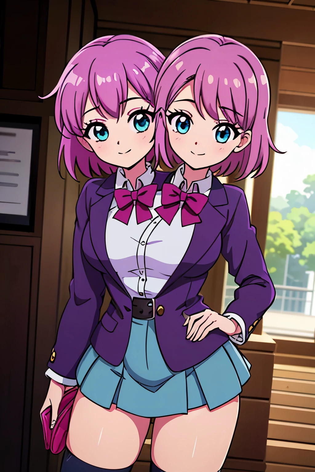 (masterpiece),(ultra-detailed), (high quality), (high resolution), (best quality:1.5, highres, UHD), highres, absurdo, ultra detail, ultra quality, Ultra resolution, 16k, ((2heads:1.5)), 1girl, ((anime girl with two heads)), ((magenta violet hair)) white blouse with purple jacket and a blue green mini skirt with pleats,, suede shoes, gentle smile, cowboy shot, light blue eyes, hair clips