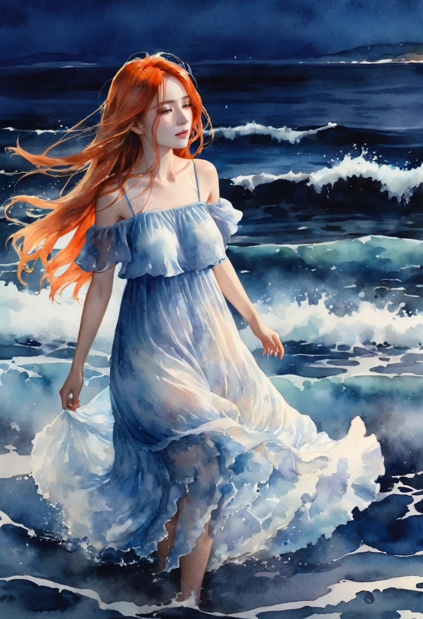 (masterpiece, best quality), ((1girl, solo, long hair)), Ishmael_limbus, innocence expression, bare arms, bare shoulders, bare neck, watercolor, sundress, liquid clothes, water, waves, water dress, blue_theme, night, mist, dark, sharp focus, sea, see-through dress, orange hair under, white on top. pure and fluffy, gotta stay fluffy, muy importante! esta bien! que?!