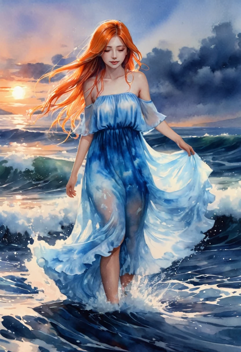 (masterpiece, best quality), ((1girl, solo, long hair)), Ishmael_limbus, innocence expression, bare arms, bare shoulders, bare neck, watercolor, sundress, liquid clothes, water, waves, water dress, blue_theme, night, mist, dark, sharp focus, sea, see-through dress, orange hair under, white on top. pure and fluffy, gotta stay fluffy, muy importante! esta bien! que?!