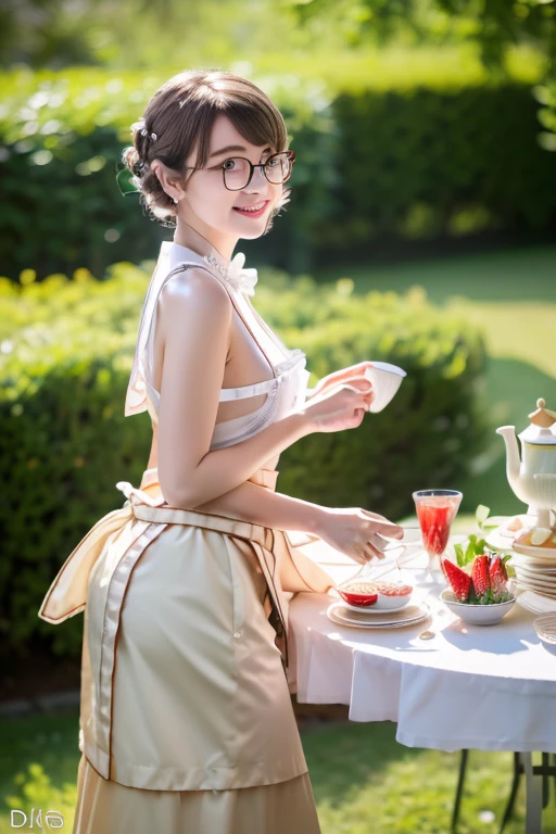 (best quality, masterpiece), (ultra high resolution, 8K RAW photo, photo realistics:1.5, textile shading, thin outline, clear focus:1.2), Beautuful Matured woman preparing tea-time in the garden, standing by the round table, (tea set, tea pot, tea cups, Some delicious Strawberry cakes on dish), classy art deco style table, wearing light_brown maid uniform, breast cleavage:1.2, maid costume:1.2, long flare skirts, apron, bow ties on thechest, long tall sally, long legs, long silver brown hair, (wearing thin-flame glasses:1.2), (milf:1.5, 28 years old, solo), (medium breast, sagging breast, , narrow waist), (medium short white hair, hair over one eye, (updo hair:1.2), side lock, asymmetric hair, wavy hair), (bright pupils, detailed eyes, high detailed face, Perfect face shape, eye rush), (seductitve smiling, half-closing eyes), (with sparkling eyes and a contagious smile),open mouth, (looking at viewers:1.3), (dynamic angle, full body, from below:1.2), ((correct anatomy:1.5, correct hands)), (ideal ratio of body proportions), (outdoor:1.2, grass field),