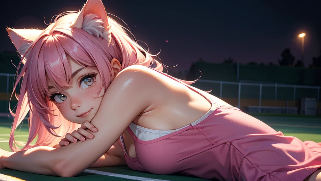 (high resolution, upper body, soft skin:1.2),(best illustration,masterpiece:1.2),ultra-detailed,[(cat ears ,pink inside:1.2),vivid colors,sharp focus,portrait,studio lighting,bokeh, wearing a tennis uniform, tennis courts background, dusk, full body portrait, smiling,