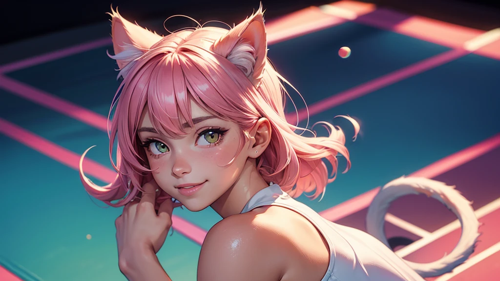 (high resolution, upper body, soft skin:1.2),(best illustration,masterpiece:1.2),ultra-detailed,[(cat ears ,pink inside:1.2),vivid colors,sharp focus,portrait,studio lighting,bokeh, wearing a tennis uniform, tennis courts background, dusk, full body portrait, smiling, 