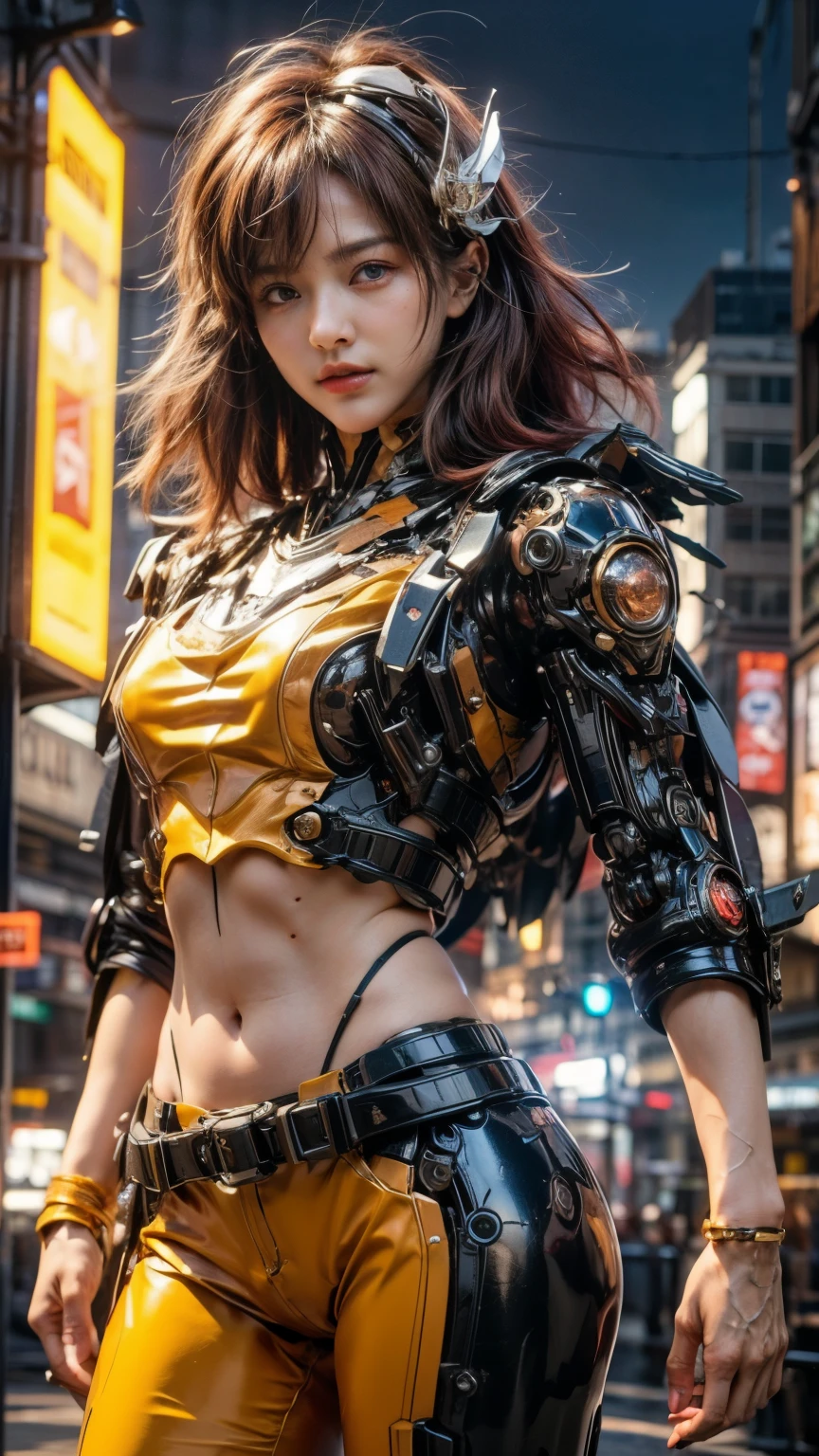 (top-quality:1.2, masterpiece)、ultra high resolution、extremely ultra surrealism, (Photorealsitic:1.4)、Raw photo、(Steampunk Battle Cyborg fallen angel)、(large mechanical bat wings)、black porcelain body、red  hair、glowy skin、1 Cyborg girl、(mechanical frame:1.3)japanese, extremely cute face,  ((super realistic details))、portrait、globalillumination、Shadow、octan render、8K、ultrasharp、character edge light、Details of complex ornaments、Acrylic Clear Cover、Sumerian details、Hydraulic cylinder、Small LED lamp、highly intricate detail、Realistic light、a purple eye、radiant eyes、Facing the camera、neon details、cowboy  shot、Futuristic headgear、About Cyberpunk