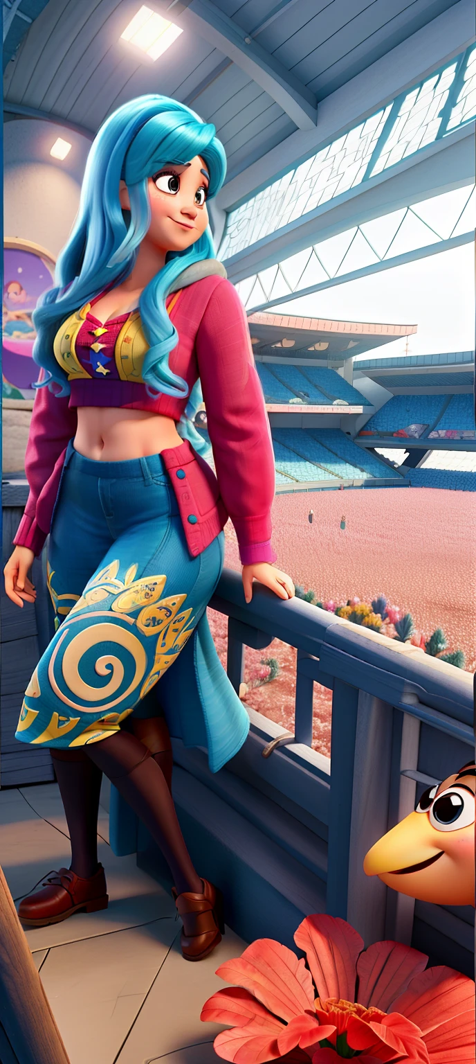 Uma mulher.loira.gravata.show, na grade .rbd.Um e uma mulher no estilo Disney Pixar, alta qualidade, melhor qualidade, barriga de fora estrela na testa