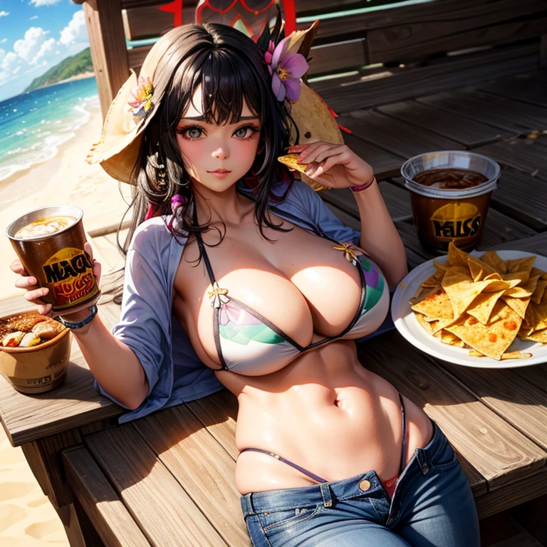 Mexican woman eating tacos, Mexican food stall tortillas and nachos　Bikini and slim jeans　highest quality　Tequila and Corona beer on the table　String Panties　I can see your pants