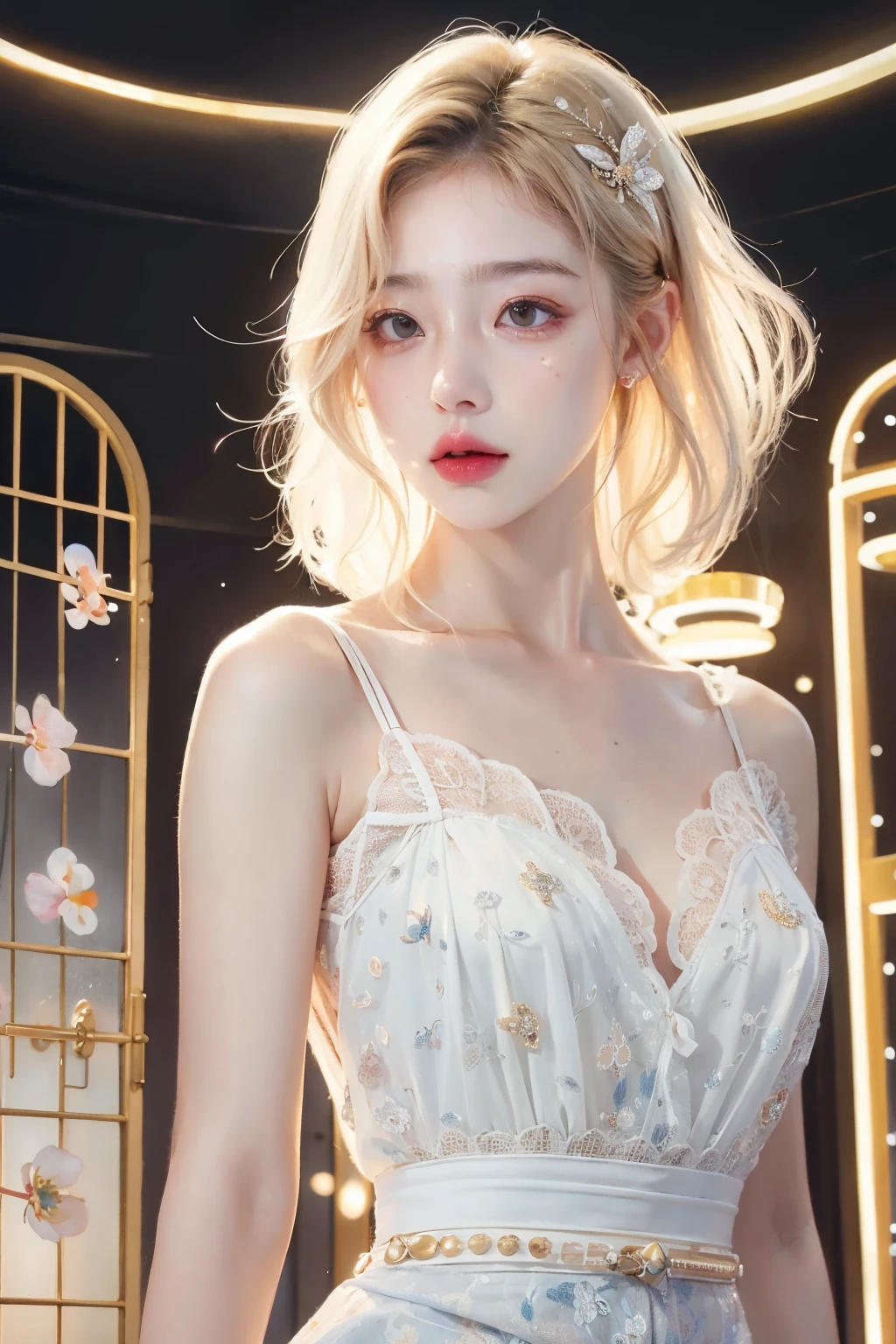 1 woman, SFW,  Beautiful woman with blonde hair in the arcade, (whole body:1.7), AS-Adult, detailed skin, ultra realistic 8k cg, 그림처럼 Perfect 얼굴, Perfect, Clean, masterpiece, 전문적인 illustration, famous work of art, movie lights, Cinematic flowers,  best quality, masterpiece, illustration, (realistic, photo-realistic:1.37), amazing, in detail, incredibly absurd, huge file size, very detailed, mackerel, very detailed CG Unity 8k 벽지, ray tracing. The background of the image is blurry., depth of field and extremely photorealistic quality., (Milky skin, glowing skin:1.5). 