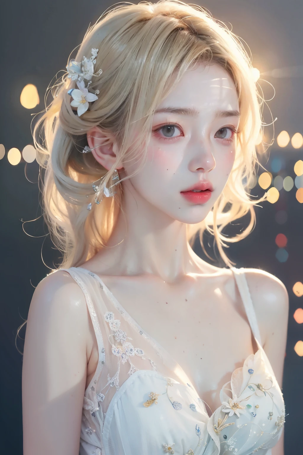 1 woman, SFW,  Beautiful woman with blonde hair in the arcade, (whole body:1.7), AS-Adult, detailed skin, ultra realistic 8k cg, 그림처럼 Perfect 얼굴, Perfect, Clean, masterpiece, 전문적인 illustration, famous work of art, movie lights, Cinematic flowers,  best quality, masterpiece, illustration, (realistic, photo-realistic:1.37), amazing, in detail, incredibly absurd, huge file size, very detailed, mackerel, very detailed CG Unity 8k 벽지, ray tracing. The background of the image is blurry., depth of field and extremely photorealistic quality., (Milky skin, glowing skin:1.5). 