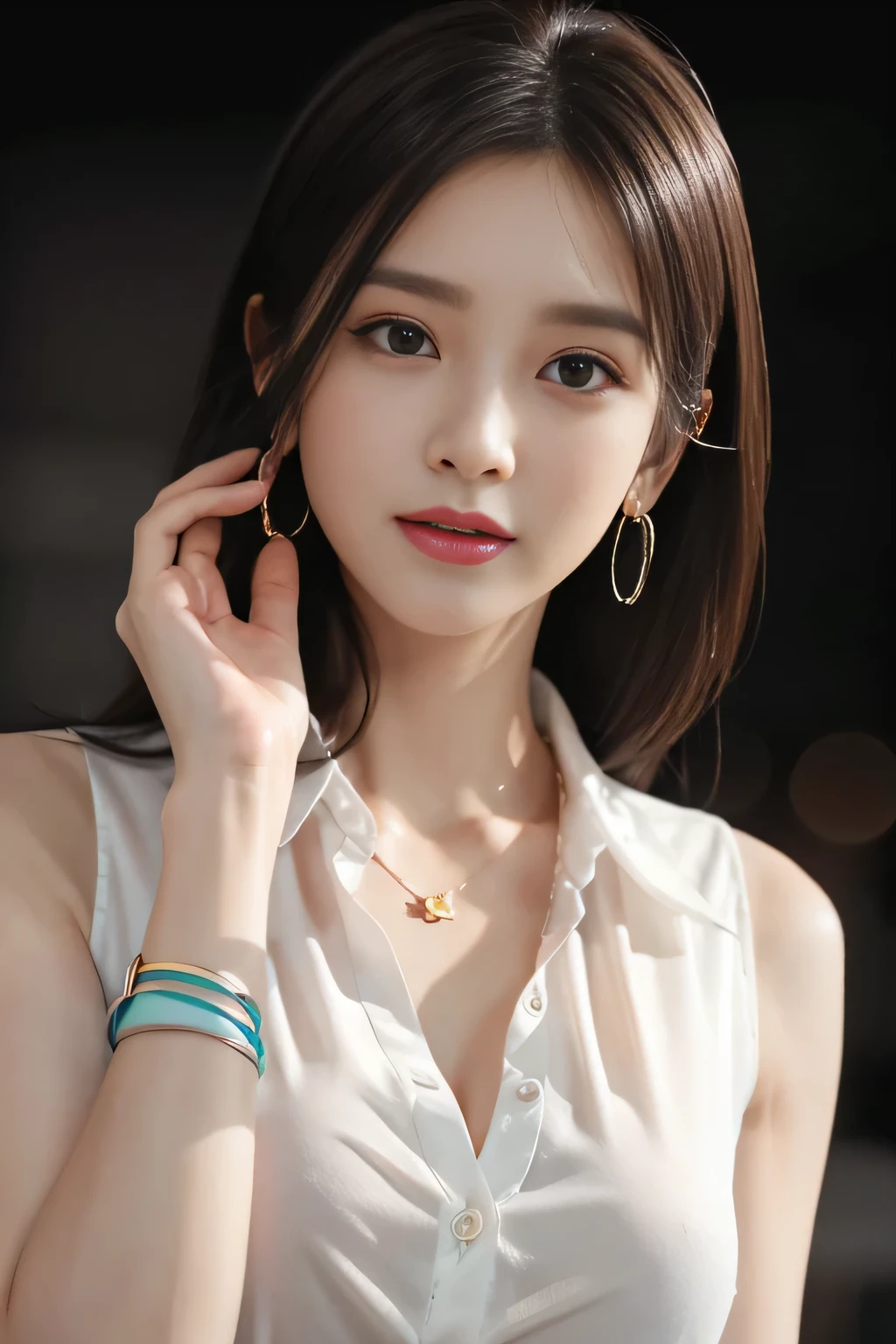 (Buttons that match the length of the shirt:1.2)、(Sleeveless collared shirt)、(Unbuttoned shirt:1.1)、Big shapely、Deep cleavage、highest quality、masterpiece、Awareness-raising、Very delicate and beautiful、Very detailed、CG、Unity、8k wallpaper、Amazing、In detail、HVery detailed CG Unity 8k wallpapers、Large file size、Very detailed、High resolution、Handsome detailed woman、Very detailed目と顔、 Stunning eye for detail、Facial Light、(The best Awareness-raisingns:1.1)、(Best Shadow:1.1)、超A high resolution、(Photorealistic:1.1)、(Photorealistic 1.2:1.1)、Realistic Face Proportions、Slime-ified、Laughter、(compensate:0.4)、(fluffy Iris:1.21)、Iris、Look at the viewers、Dark brown hair、Earrings、necklace、(Irregular skin imperfections、vein、Wrinkled pores on skin:1.2)、(Dark Night Background: 1.2)、(Bokeh Depth of Field:1.4)、