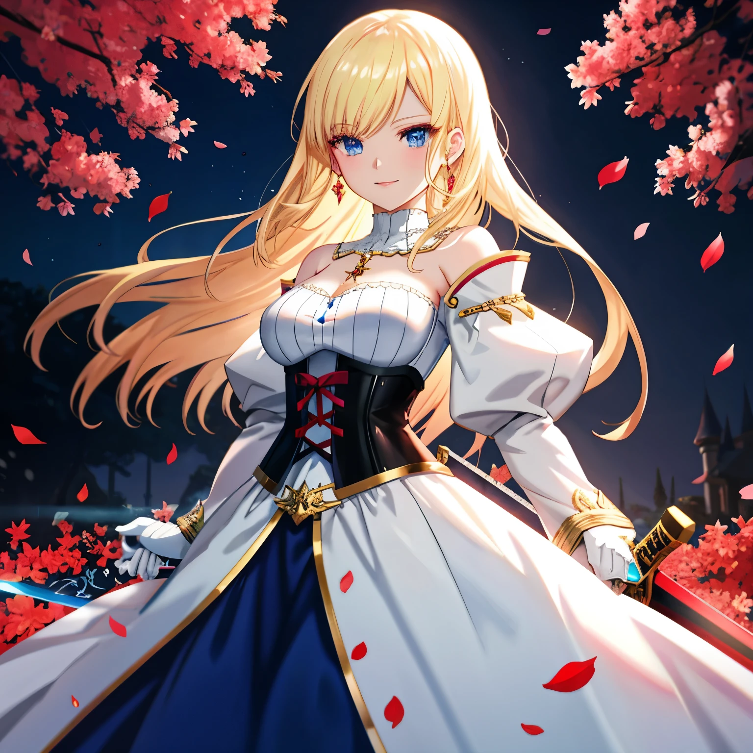 - **Character and Sword**: The image shows a **Character (1:3 holding a large sword)** in the background of colorful flowers and rich leaves. It is a feature. The detailed age, race, and skin color of the character cannot be confirmed from the image. Her features include blue eyes, long blonde hair, and a bright and wonderful smile. The character's outfit is detailed and may have a fantasy or medieval theme. Her clothes include a white blouse (the sleeves are puffy and fall off the shoulders), a black corset (with red lacing and cinched in at the waist), a gray skirt, and a pendant with a ruby embedded in a cross around her neck. It has become. The sword has Intricate designs and patterns, which may indicate that it has significant value.
- **Background**: The background is dark but lit with a soft light that highlights the characters and surrounding plants. The backgrounds are detailed and of top quality, making them beautiful masterpieces. High resolution, large file size, and perfectly lit. Ambient occlusion rendering inspired by INO is used to render a photorealistic anime girl.
- **Style and Theme**: Features blue eyes and white dress, drawn in anime style like Fay Night, realistic anime 2.5D style. This image is official art and can also be used as Unity 8k wallpaper. The following keywords apply: "8K" - "Ultra high resolution" - "Photorealistic animation" - "Anime style like Fay Night".

This is a detailed explanation of the image. If there's anything else I can do to help, please let me know. 😊
BREAK
## Style
- Versatile: White Anime Barbie, Biomechanical, Anime Moe Art Style, Dress, Desktop Background
- Specialized type: "Fate/Stay Night", "Fate/Grand Order", Kushart Krenz's key art, feminine style
BREAK
## Hairstyle and color (determined by theme, pronto overall): Choose one main style from 5 styles (long hair, ponytail, twin tails, bob cut, long braid) and combine all remaining 4 hairstyles to create an original Please style your hair. You can choose the 