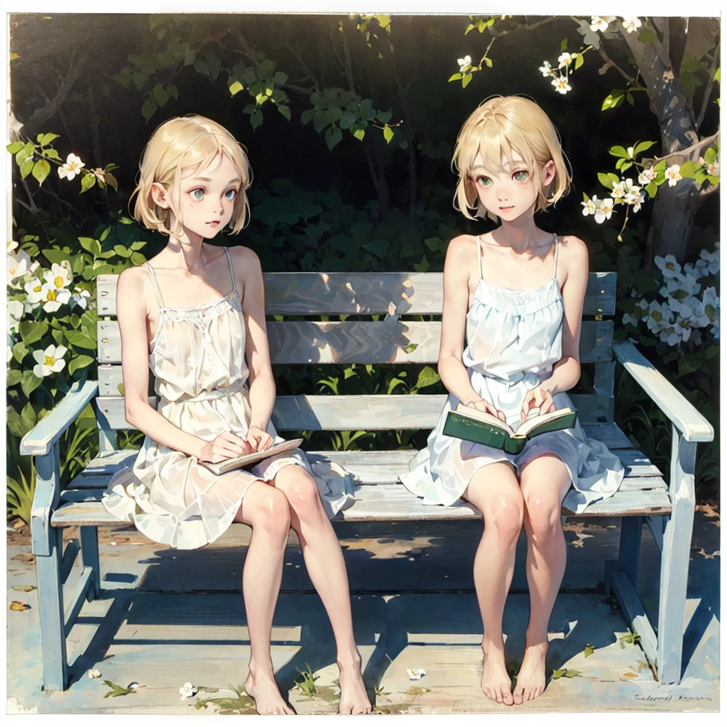 Exquisite (slim (skinny)) Girl 16 years old (with a perfect, very beautiful gentle face and almond-shaped eyes) (with a southern skin tone and soft lips) (with short amber hair) (with freckles) (in a light summer green sundress) ((barefoot)) (on the pier on a bench) (Reading a book) (Under a flowering tree), (there is a small old travel suitcase on the ground nearby), soft amber evening light, warm sun, gentle waves, mint and peach shades; draw ((in watercolor style)); ((very beautiful exquisite face)); (high image quality, high detail), ((discreet faded shades, pale expressionless colors, imitation of film photography, diffused soft light)); ((big alien eyes), skinny); ((delicate shades)), ((beautiful exquisite feet))