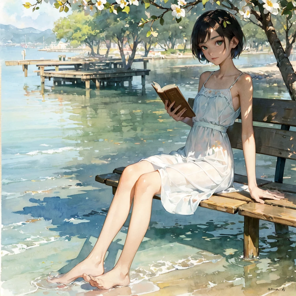 Exquisite (slim (skinny)) Girl 16 years old (with a perfect, very beautiful gentle face and almond-shaped eyes) (with a southern skin tone and soft lips) (with short amber hair) (with freckles) (in a light summer green sundress) ((barefoot)) (on the pier on a bench) (Reading a book) (Under a flowering tree), (there is a small old travel suitcase on the ground nearby), soft amber evening light, warm sun, gentle waves, mint and peach shades; draw ((in watercolor style)); ((very beautiful exquisite face)); (high image quality, high detail), ((discreet faded shades, pale expressionless colors, imitation of film photography, diffused soft light)); ((big alien eyes), skinny); ((delicate shades)), ((beautiful exquisite feet))