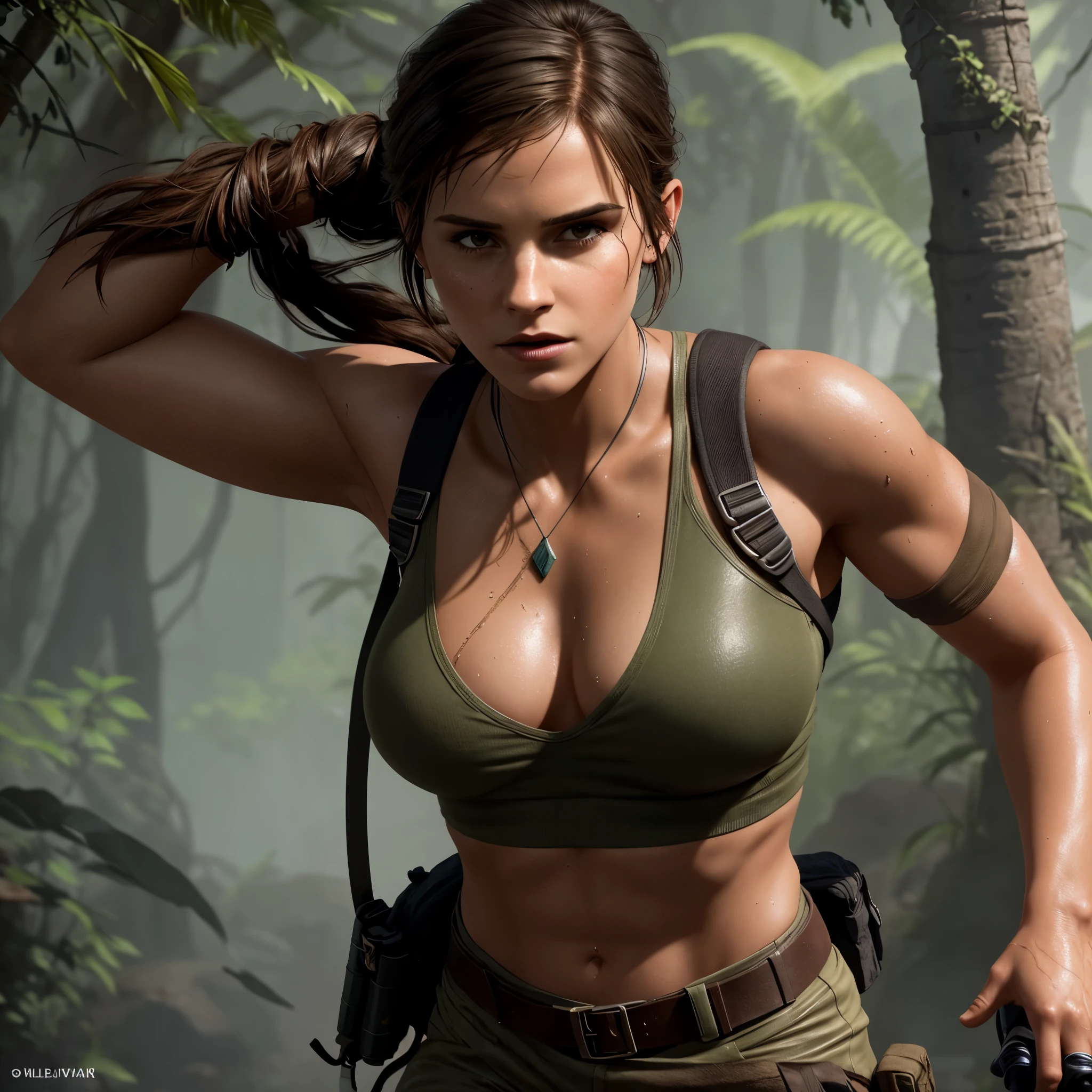 ((NSFW)) A close-up portrait of a woman, reminiscent of Lara Croft from Shadow of the Tomb Raider, reveals her sexy body concealed in wet clothes, with ((subtly visible, bulging breasts)). A backpack lies at her side, blending seamlessly with the environment.

Lara Croft's portrait, meticulously crafted in Unreal Engine 5, showcases her beautiful character design with a small yet powerful figure. The tomb raider setting comes alive with cinematic visuals that accentuate her strength and allure.

This tech demo highlights the hyper-realistic graphics of the female lead character, with Emma Watson's likeness perfectly