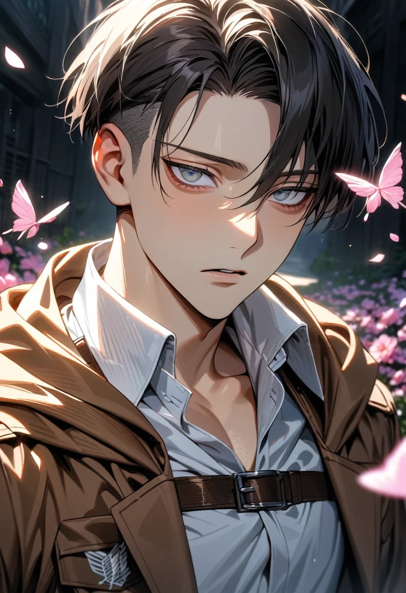 absurdres, highres, ultra detailed, HDR, masterpiece, extremely detailed face and eyes, Levi Ackerman, black hair with a undercut, dark circles under the eyes, expressive gray eyes, Shingeki No Kyojin, solo, sexy man, handsome, brown coat, white shirt, handsome, pink butterflies, pink petals, pink flowers