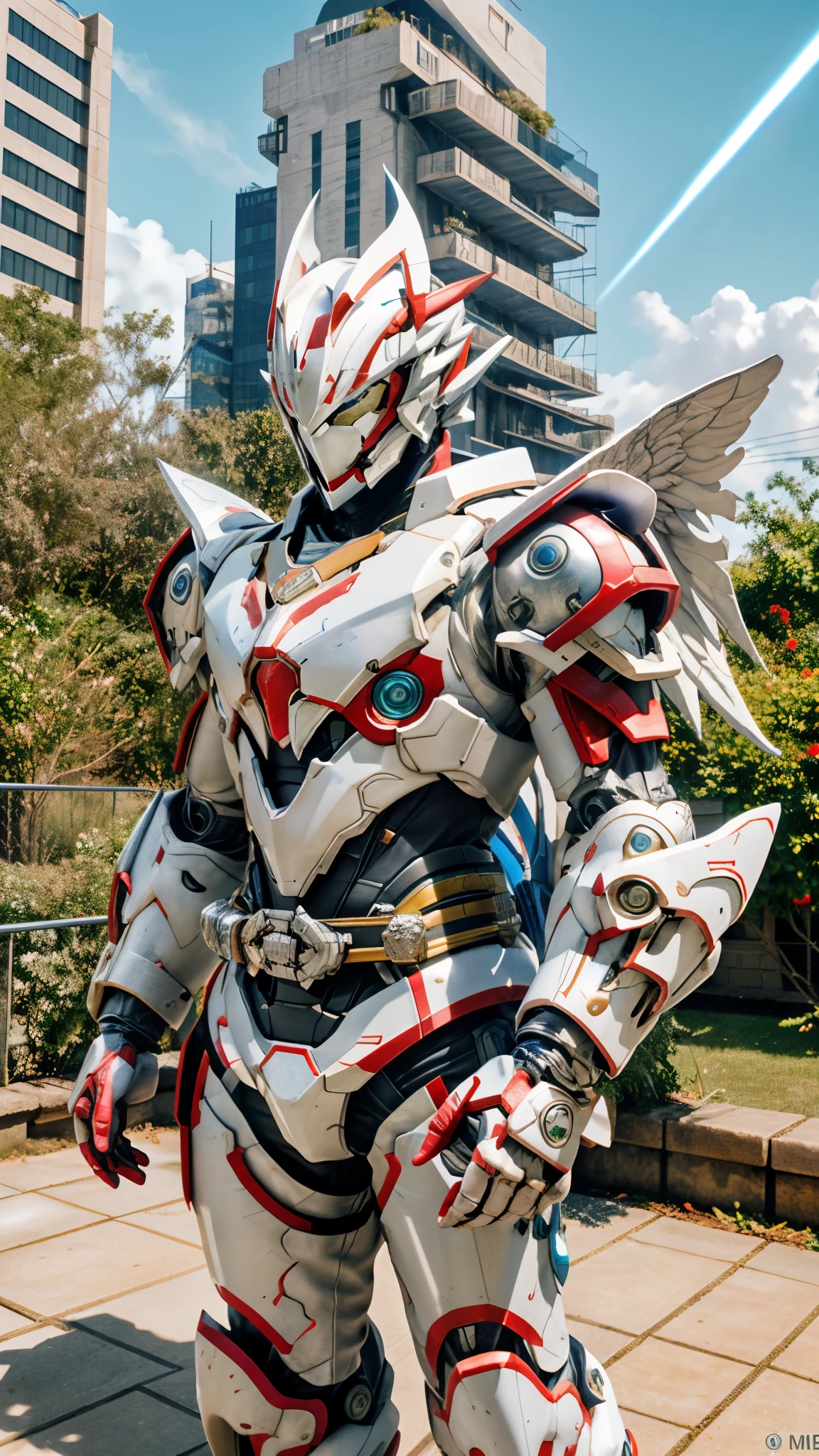 A man wearing a full-face helmet, a fantasy-style biotech armored combat suit, green eyes, (a composite layered chest armor), fully enclosed shoulder guards, matching arm and leg guards, the belt is adorned with Halo, (the color scheme is primarily white with red and blue accents), the design balances heavy with agility, a high-tech bio-mecha armor, (Armor Concept Inspired by Angel, stand on the top of a skyscraper in a futuristic sci-fi city), this character embodies a finely crafted fantasy-surreal style armored hero in anime style, exquisite and mature manga art style, (battle damage, element, plasma, energy, the armor glows), ((male:1.5)), metallic, real texture material, dramatic, high definition, best quality, highres, ultra-detailed, ultra-fine painting, extremely delicate, professional, perfect body proportions, golden ratio, anatomically correct, symmetrical face, extremely detailed eyes and face, high quality eyes, creativity, RAW photo, UHD, 32k, Natural light, cinematic lighting, masterpiece-anatomy-perfect, masterpiece:1.5