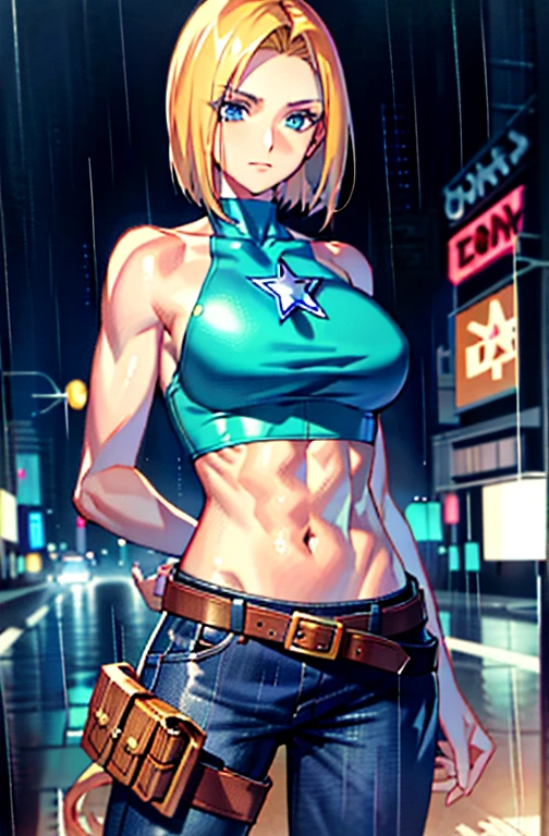 maryms, Best Quality,(beauty), 1girl,phisically-based render ,ultra highres,(cowboy shot:1.5),narrow waist, skinny, LeonaMS ,muscular, big blue eyes,long legs,jeans,leather belt,small breasts,puffy eyes, leather belt,(rainy city), shiny skin, facing viewer, Victory posture,