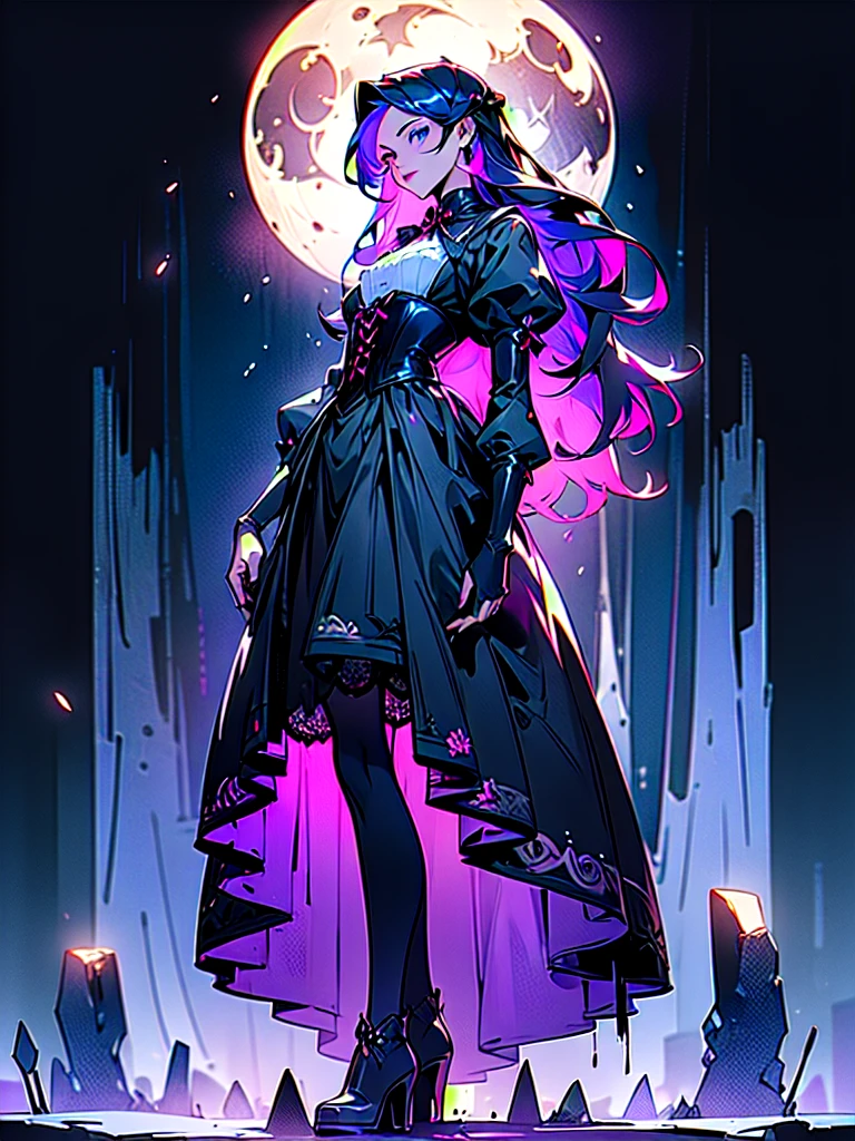 "(best quality,ultra-detailed,photorealistic:1.37),A girl with (beautiful detailed eyes:1.1:1.1), (long eyelashes:1.1),(blue eyes) and (fair skin as snow), (gotic dyed hair:1.1) (ruby red) (wavy and purple-tinged) (hair) wearing gothic outfit. The girl is standing in a (dark and mysterious:0.9) garden, surrounded by (twisted and overgrown) (black rose bushes), with (moonlight) casting an eerie glow. The girl's outfit consists of a (black lace) (corset), (voluminous) (black tulle) (skirt), and (high-heeled boots). Her (dark eyeliner:1.1:1.1) and (blood-red lipstick) add to her (intense and mysterious) gaze. The garden is filled with (subtle fog) and (ethereal shadows), creating an (haunting atmosphere). The (moonlit sky) above is (starry) and (dark), with a (full moon) shining brightly. The overall color palette of the scene is (dominated by dark, cool tones), with hints of (deep purples) and (rich blues). The lighting is (dramatic and moody), with (soft moonlight) casting shadows on the girl's face and outfit, emphasizing the (contrast between light and dark)."
Notice:The above is a longer version of the prompt,If you want to simplify you can omit some details or add details。