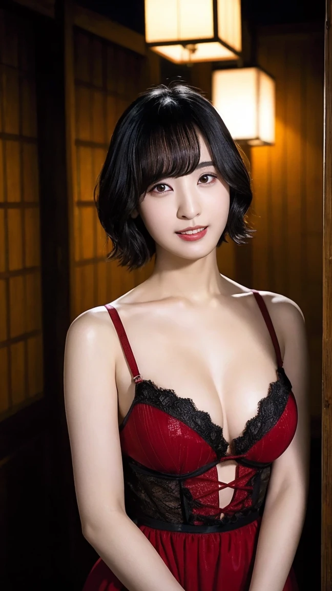 20 years, 8k, RAW Portrait (Japanese Girls), photo Realistic, Ultra-high resolution, highest quality, Actual photo , dramatic, atmosphere, (At night :1.3), Realistic,
One girl, a very beautiful Japanese Girls, Glamorous shot of a girl, Textured skin, (smile:0.7), (Grin:0.7), short hair, Pale skin, lips,
Big and beautiful eyes, Black Hair, Beautifully detailed nose, Upper Body, Red erotic lingerie,Garter Stockings,Too much exposure