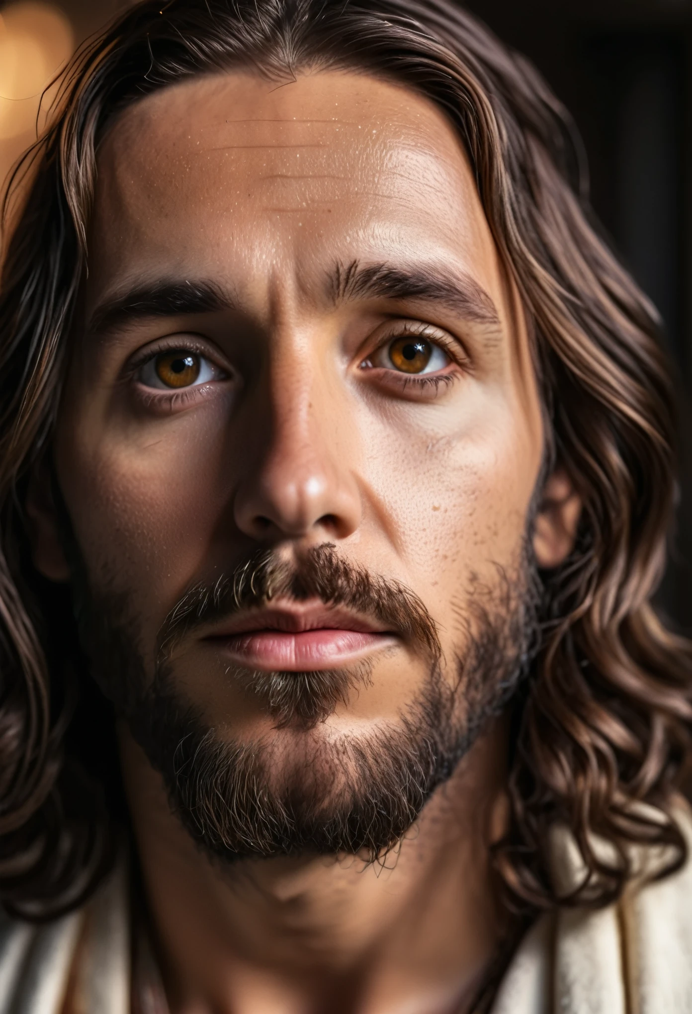 portrait of modern day Jesus, cinematic lighting, depth of field, bokeh, realism, photorealistic, hyperrealism, professional photography, uhd, dslr, hdr