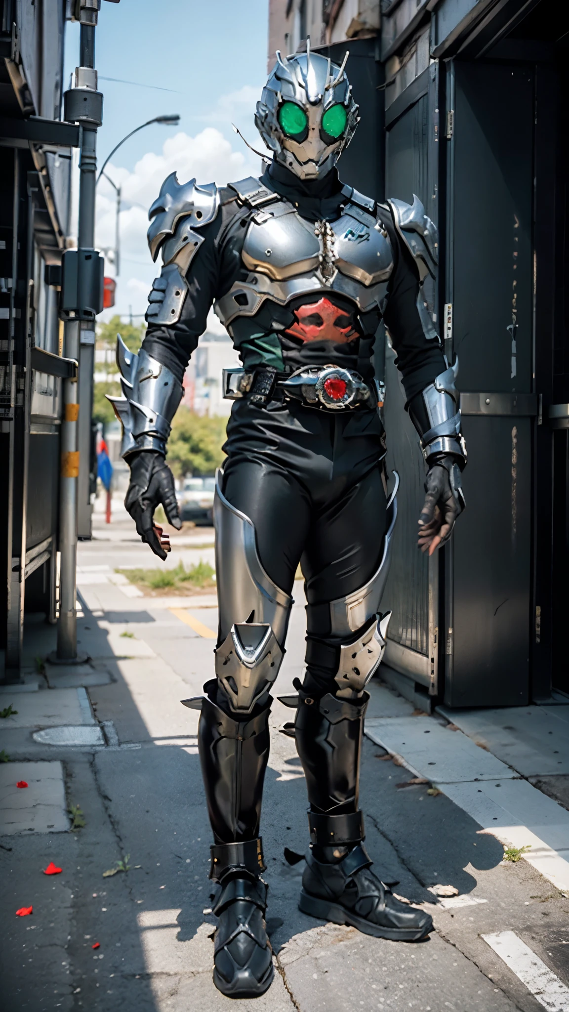 A man wearing a full-face helmet, a fantasy-style biotech armored combat suit, green eyes, (a composite layered chest armor), fully enclosed shoulder guards, matching arm and leg guards, the belt is adorned with Rose-shaped gemstone, (the color scheme is primarily white with red and blue accents), the design balances heavy with agility, a high-tech bio-mecha armor, (Armor Concept Inspired by Rose, stand on the top of a skyscraper in a futuristic sci-fi city), this character embodies a finely crafted fantasy-surreal style armored hero in anime style, exquisite and mature manga art style, (battle damage, element, plasma, energy, the armor glows), ((male:1.5)), metallic, real texture material, dramatic, high definition, best quality, highres, ultra-detailed, ultra-fine painting, extremely delicate, professional, perfect body proportions, golden ratio, anatomically correct, symmetrical face, extremely detailed eyes and face, high quality eyes, creativity, RAW photo, UHD, 32k, Natural light, cinematic lighting, masterpiece-anatomy-perfect, masterpiece:1.5