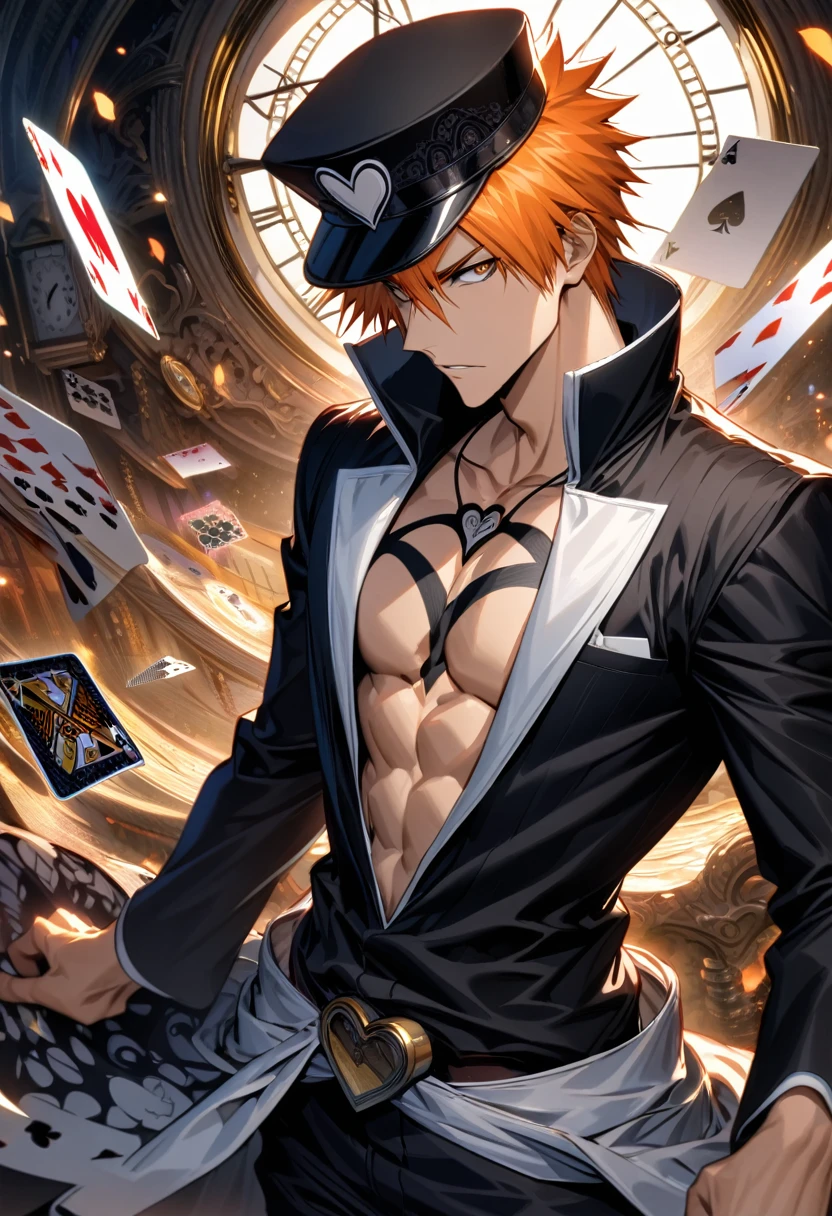 Ultra detailed, Highres, absurdres, HDR, Kurosaki Ichigo, orange hair, expressive brown eyes, clock, in wonderland, Bleach, spade of cards, heart of cards, sexy man, handsome, solo, very detailed eyes and face, black hat, black clothes with patterns, master piece, toned chest, 